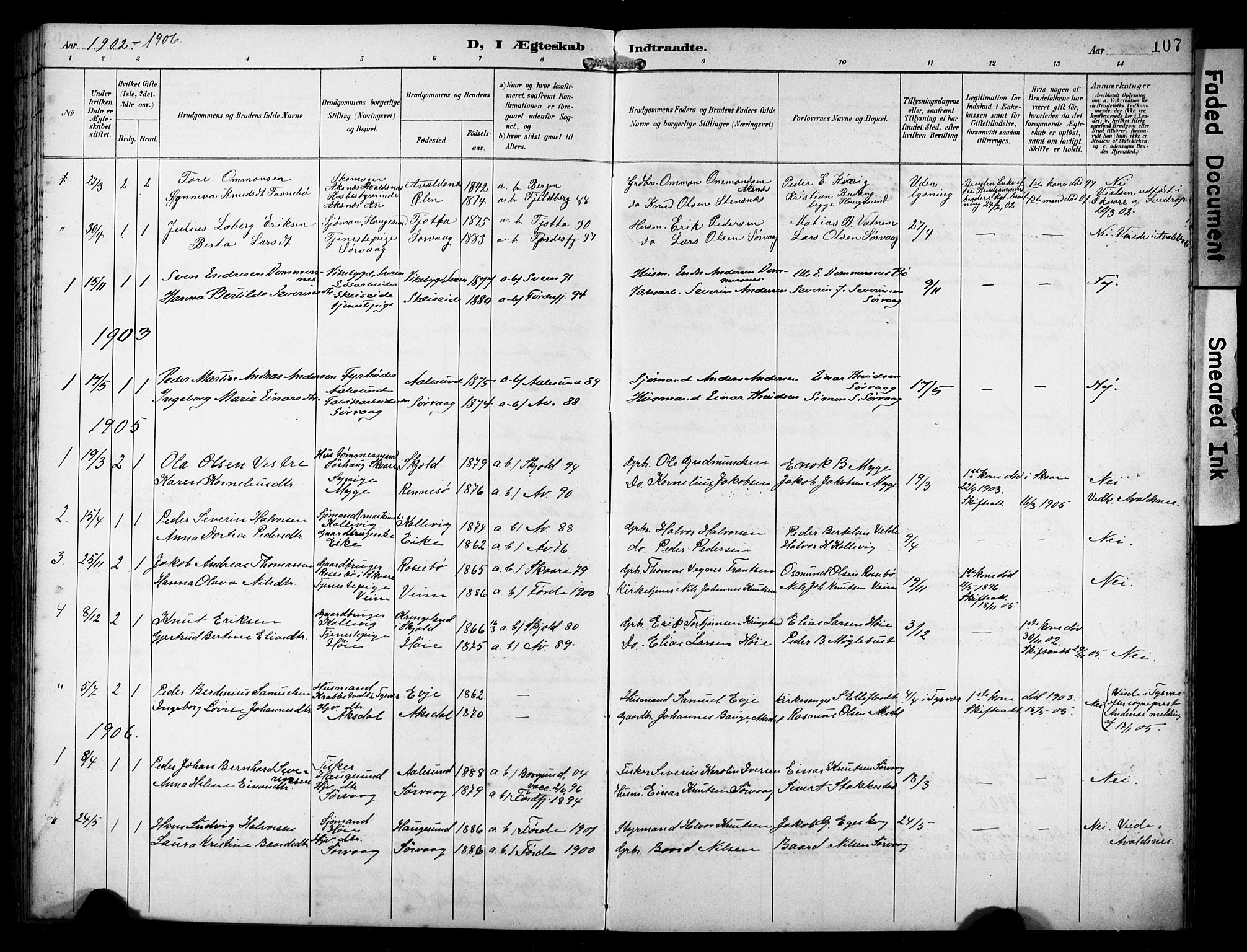 Avaldsnes sokneprestkontor, AV/SAST-A -101851/H/Ha/Hab/L0011: Klokkerbok nr. B 11, 1893-1929, s. 107
