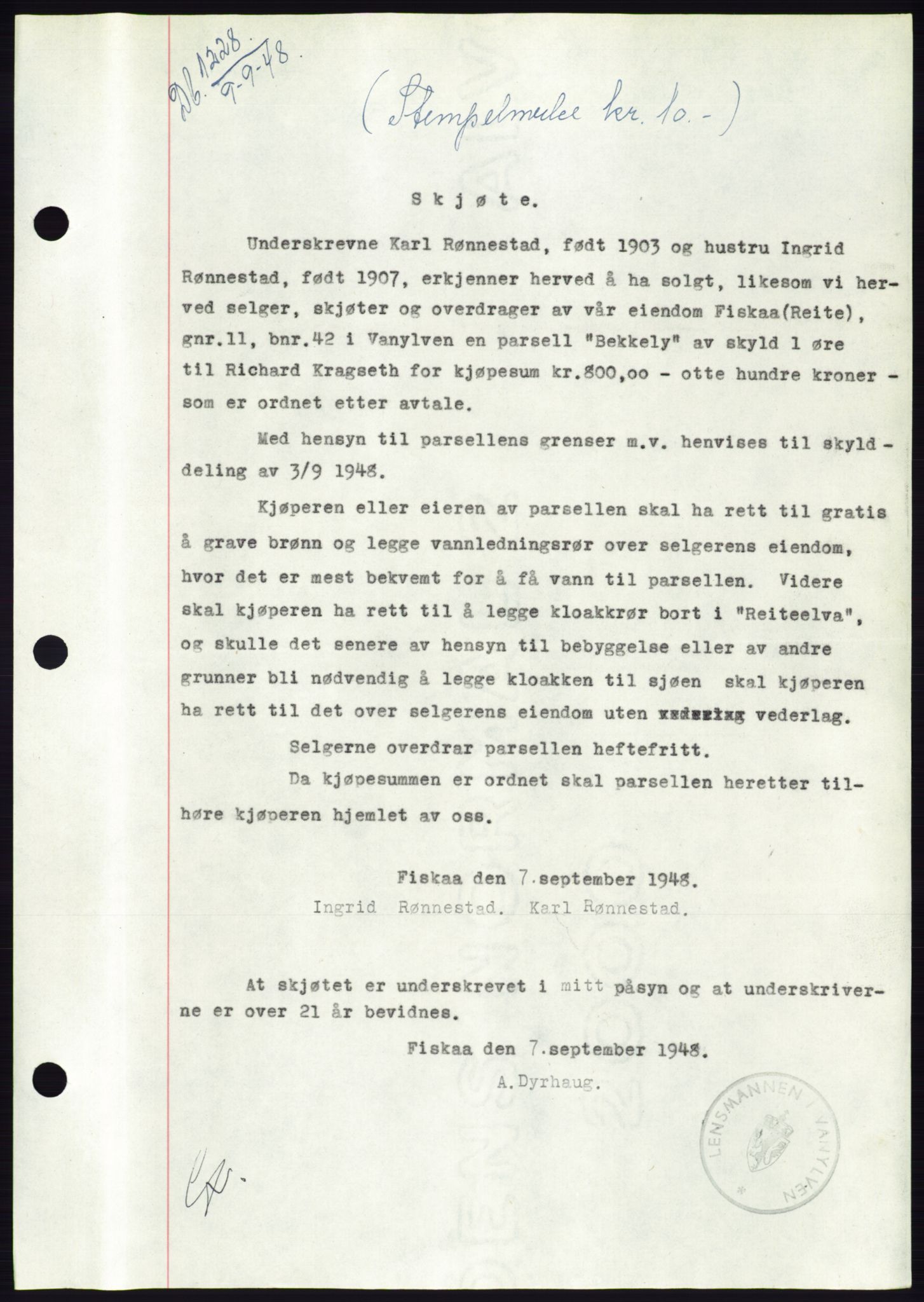 Søre Sunnmøre sorenskriveri, AV/SAT-A-4122/1/2/2C/L0082: Pantebok nr. 8A, 1948-1948, Dagboknr: 1228/1948