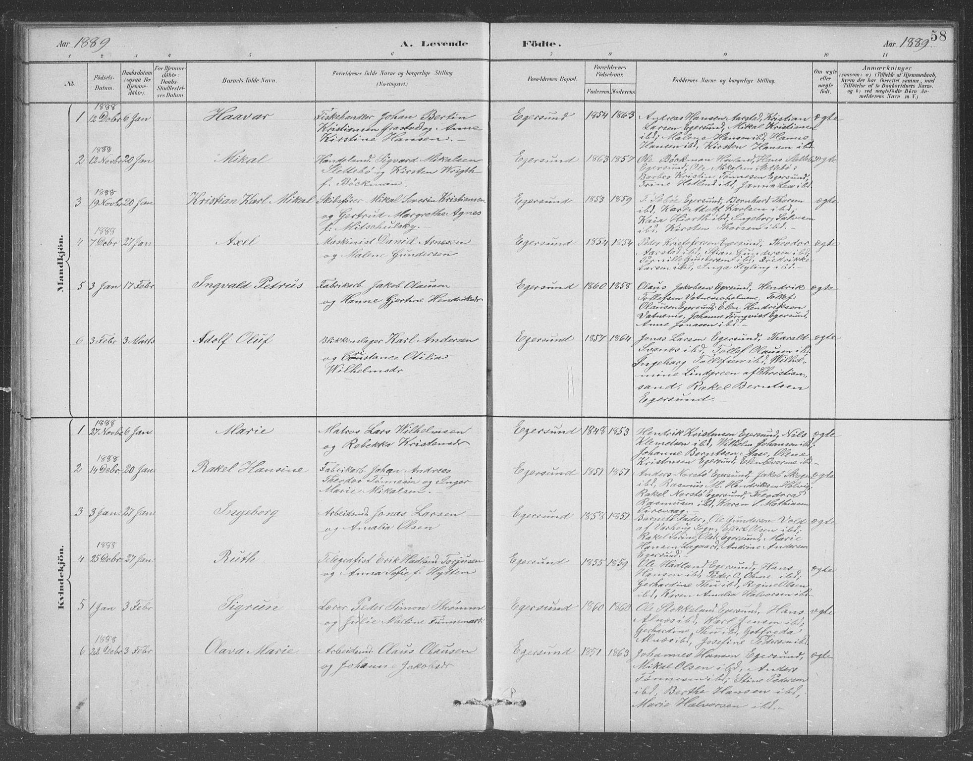 Eigersund sokneprestkontor, AV/SAST-A-101807/001/30/30BB/L0008: Klokkerbok nr. B 8, 1882-1892, s. 58