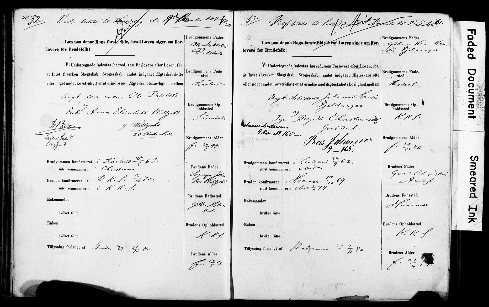 Korskirken sokneprestembete, AV/SAB-A-76101: Forlovererklæringer nr. II.5.5, 1878-1889, s. 61