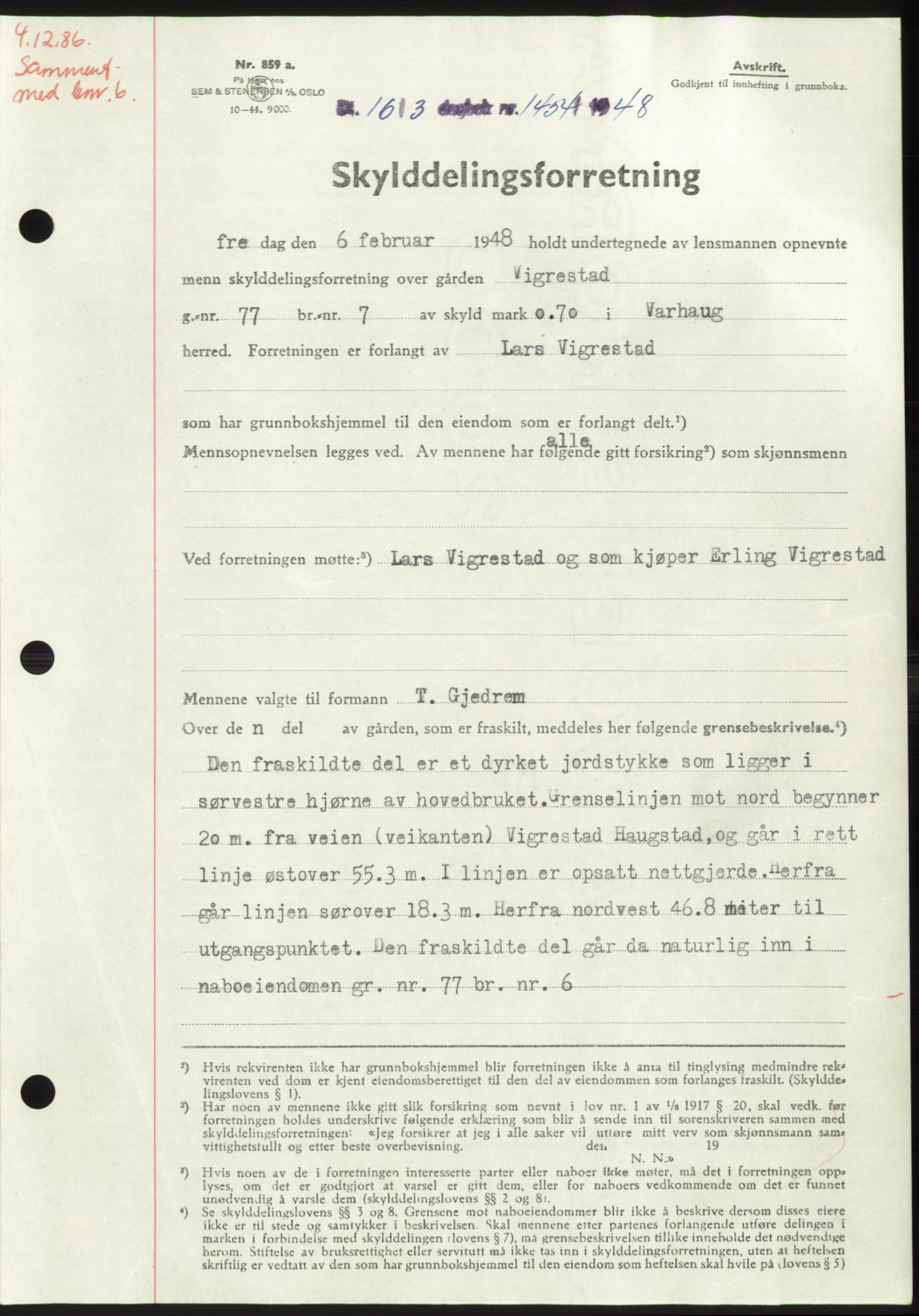 Jæren sorenskriveri, SAST/A-100310/03/G/Gba/L0098: Pantebok, 1948-1948, Dagboknr: 1454/1948