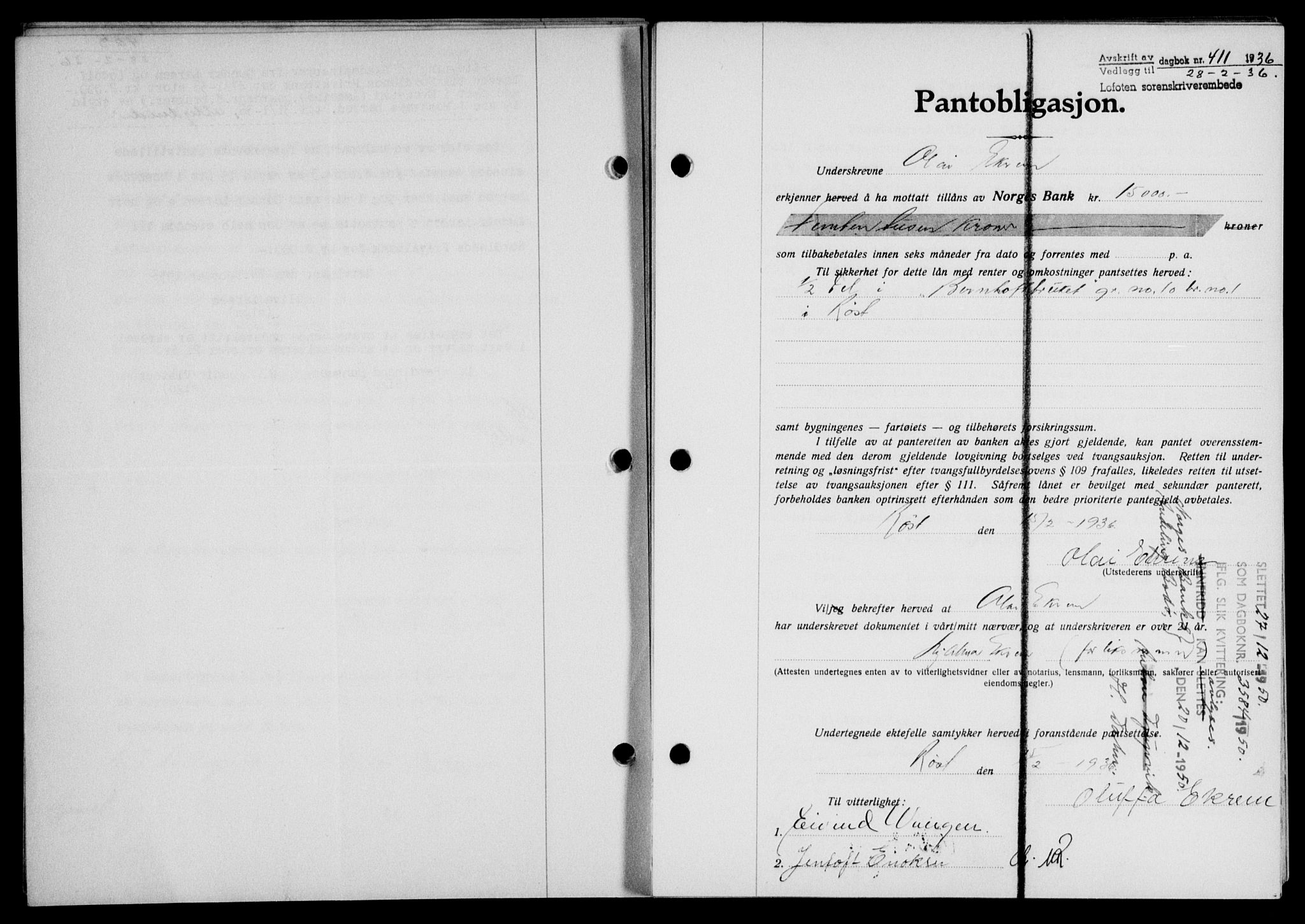 Lofoten sorenskriveri, SAT/A-0017/1/2/2C/L0033b: Pantebok nr. 33b, 1936-1936, Dagboknr: 411/1936