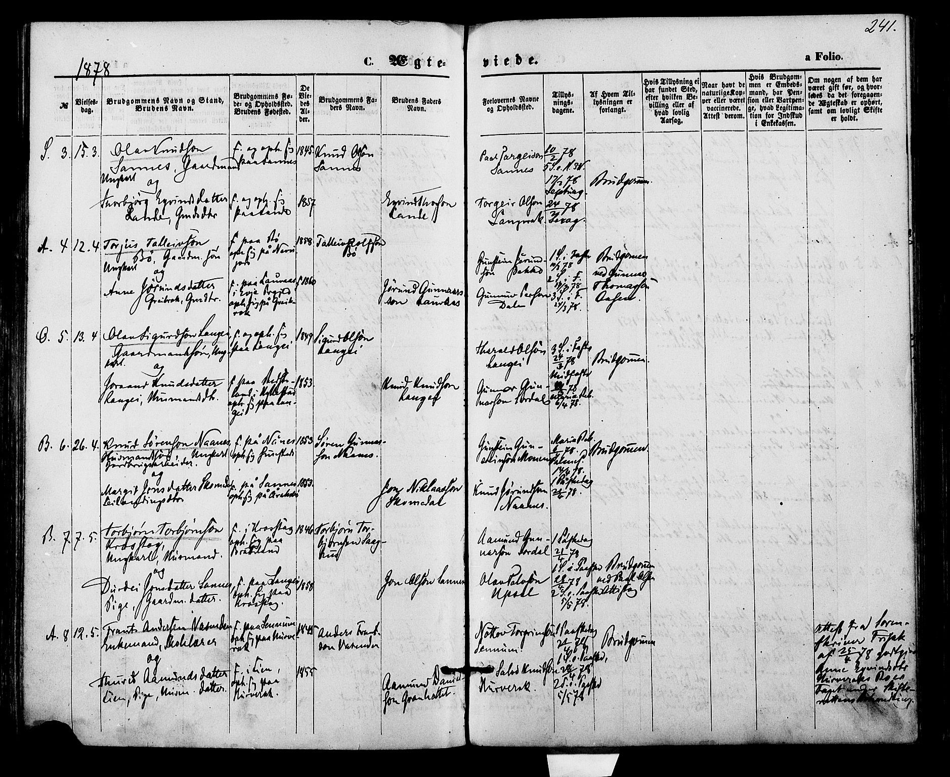 Bygland sokneprestkontor, AV/SAK-1111-0006/F/Fa/Fab/L0006: Ministerialbok nr. A 6, 1873-1884, s. 241