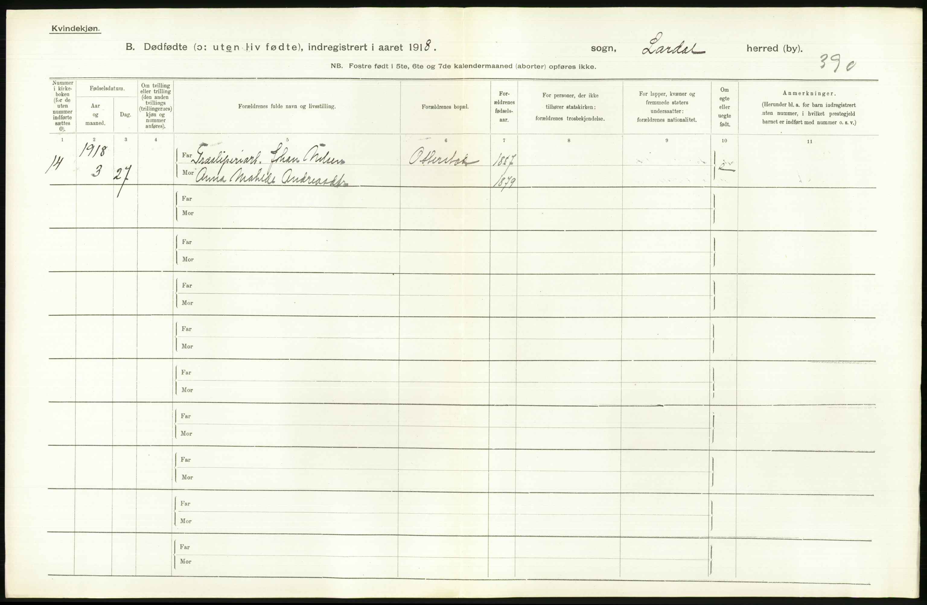 Statistisk sentralbyrå, Sosiodemografiske emner, Befolkning, RA/S-2228/D/Df/Dfb/Dfbh/L0022: Vestfold fylke: Gifte, dødfødte. Bygder og byer., 1918, s. 302