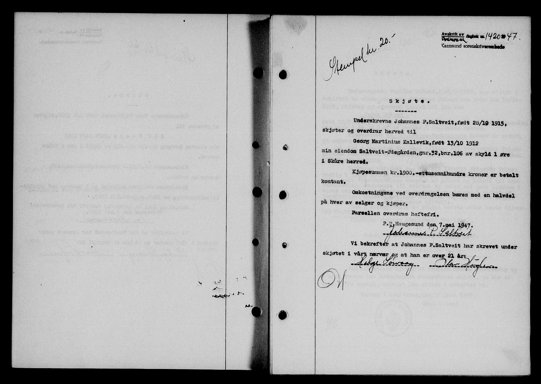 Karmsund sorenskriveri, SAST/A-100311/01/II/IIB/L0090: Pantebok nr. 70A, 1947-1947, Dagboknr: 1420/1947