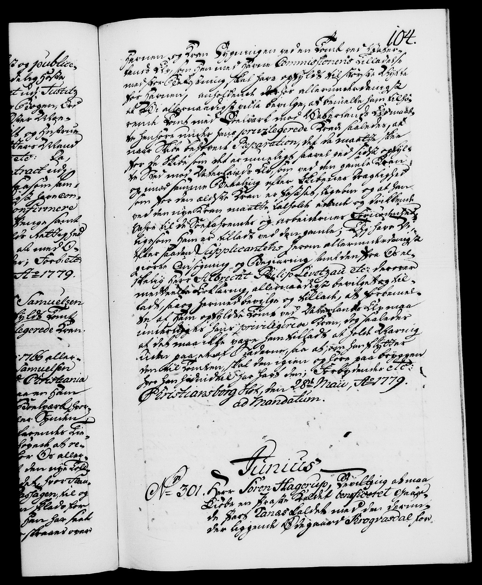 Danske Kanselli 1572-1799, RA/EA-3023/F/Fc/Fca/Fcaa/L0048: Norske registre, 1779-1781, s. 104a