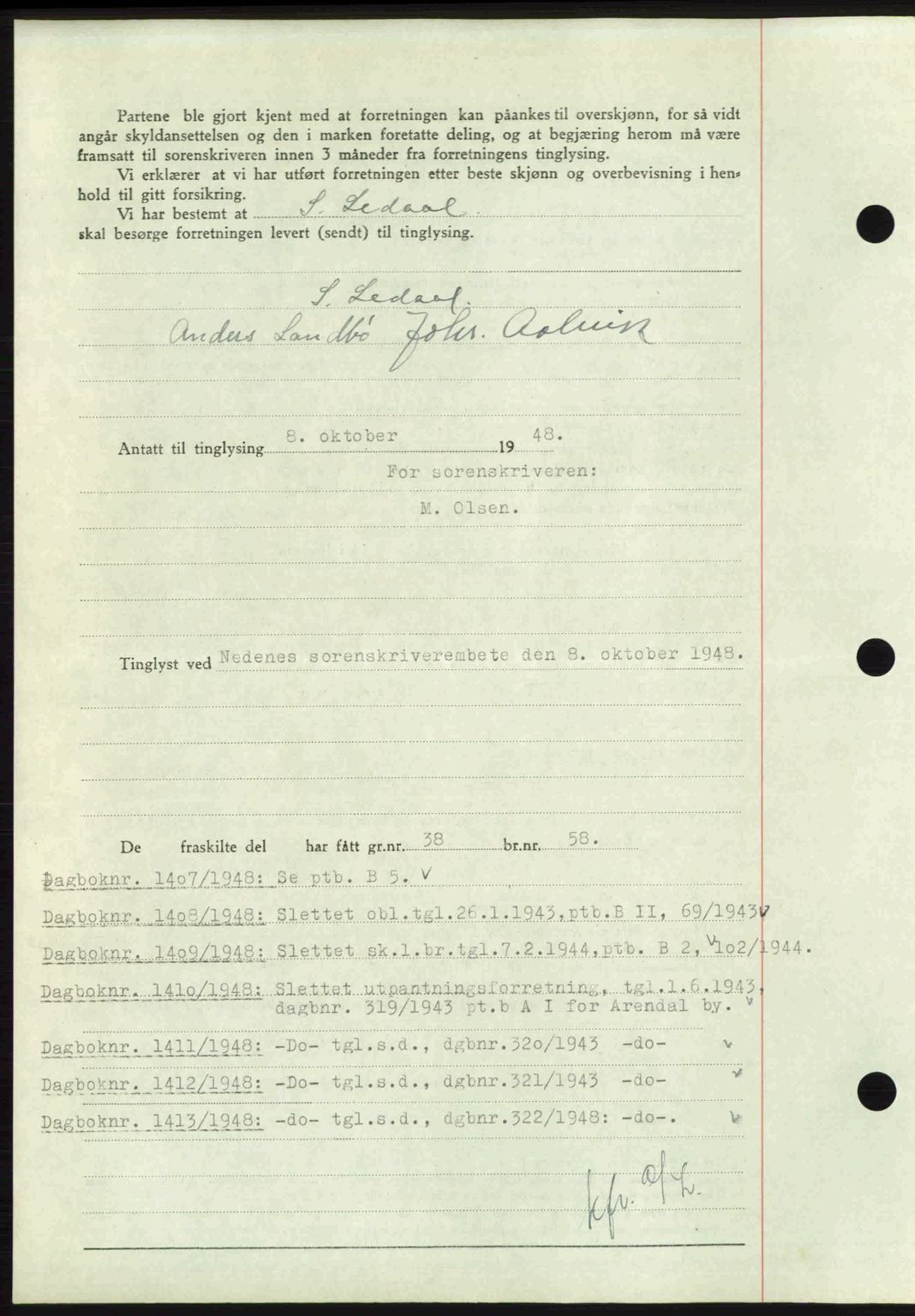 Nedenes sorenskriveri, AV/SAK-1221-0006/G/Gb/Gba/L0059: Pantebok nr. A11, 1948-1948, Dagboknr: 1406/1948