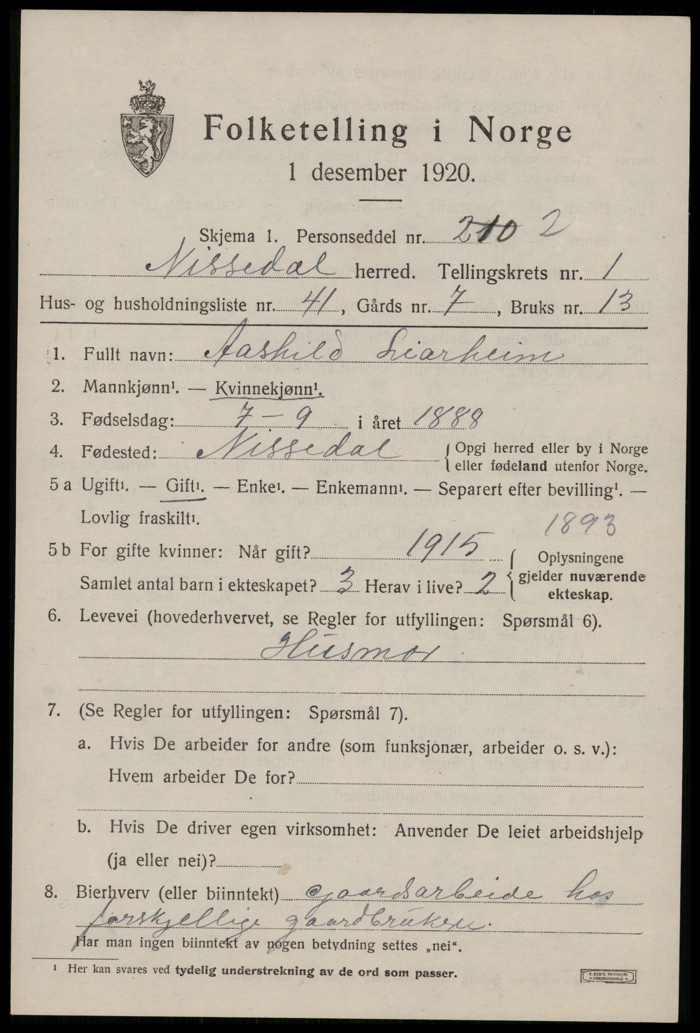 SAKO, Folketelling 1920 for 0830 Nissedal herred, 1920, s. 1253