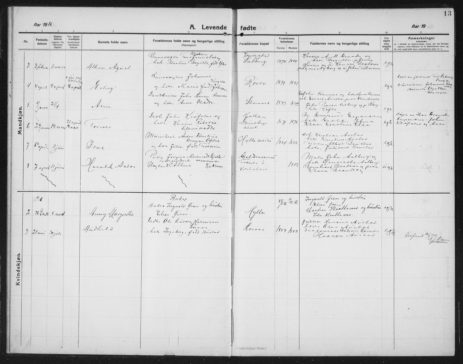 Ministerialprotokoller, klokkerbøker og fødselsregistre - Nord-Trøndelag, AV/SAT-A-1458/731/L0312: Klokkerbok nr. 731C03, 1911-1935, s. 13