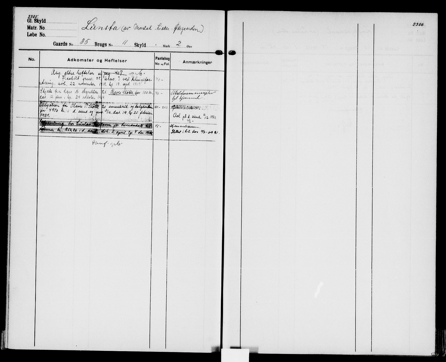 Hadeland og Land tingrett, AV/SAH-TING-010/H/Ha/Hac/L0003: Panteregister nr. 3.3, 1906-1950, s. 2385-2386