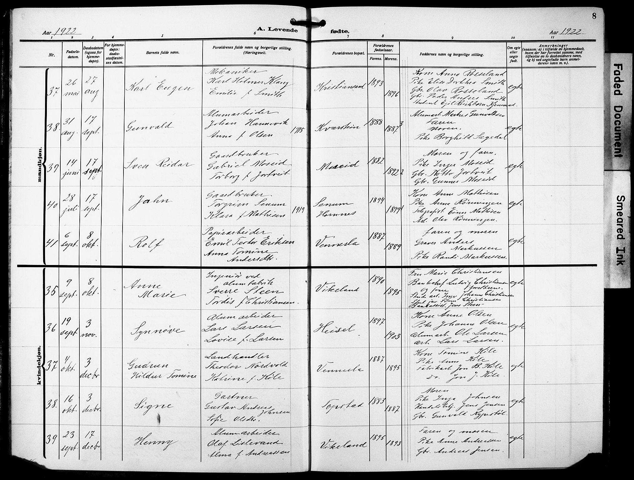 Vennesla sokneprestkontor, AV/SAK-1111-0045/Fb/Fbb/L0007: Klokkerbok nr. B 7, 1922-1933, s. 8