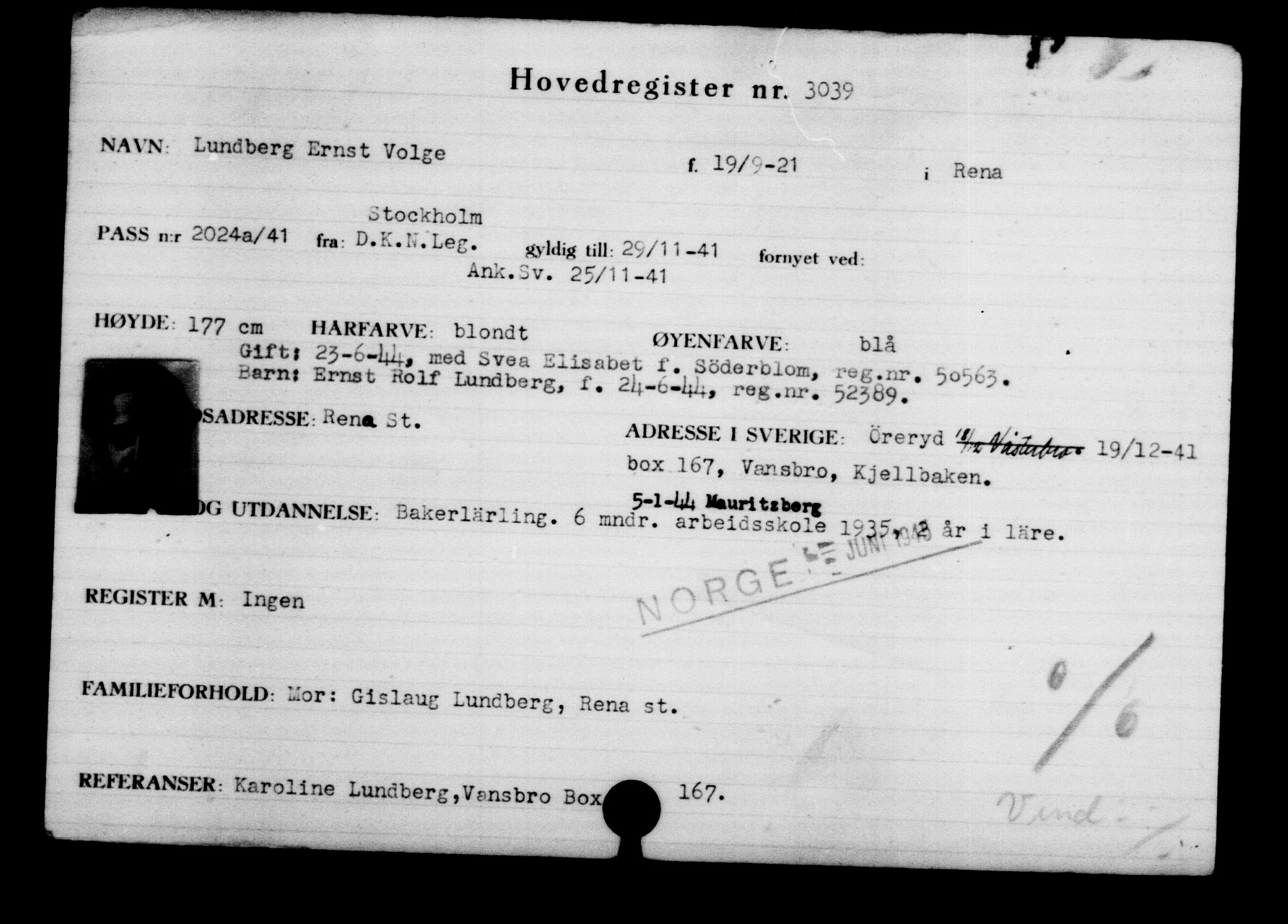 Den Kgl. Norske Legasjons Flyktningskontor, RA/S-6753/V/Va/L0003: Kjesäterkartoteket.  Flyktningenr. 2001-3495, 1940-1945, s. 1460