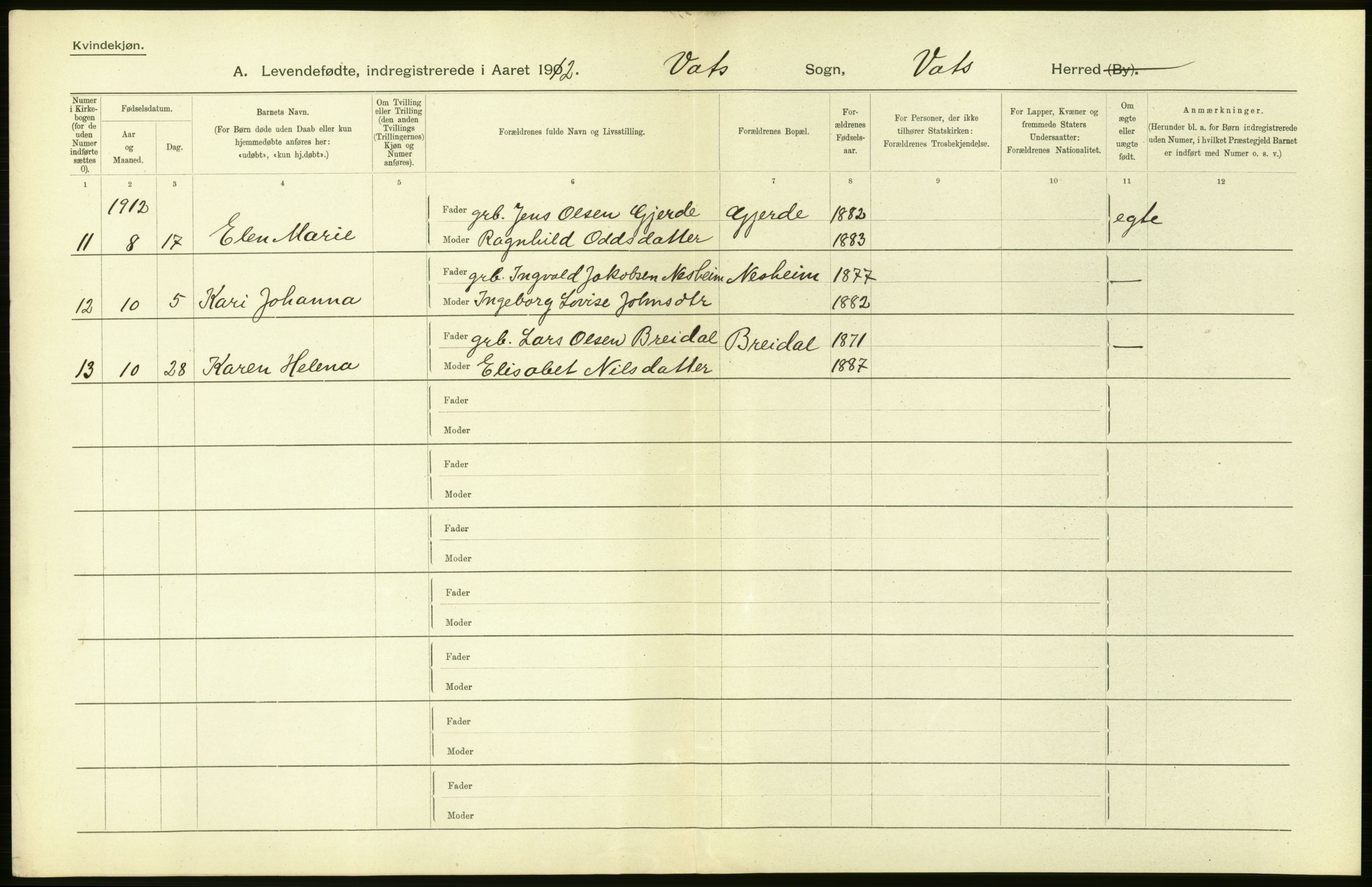 Statistisk sentralbyrå, Sosiodemografiske emner, Befolkning, AV/RA-S-2228/D/Df/Dfb/Dfbb/L0026: Stavanger amt: Levendefødte menn og kvinner. Bygder., 1912, s. 24