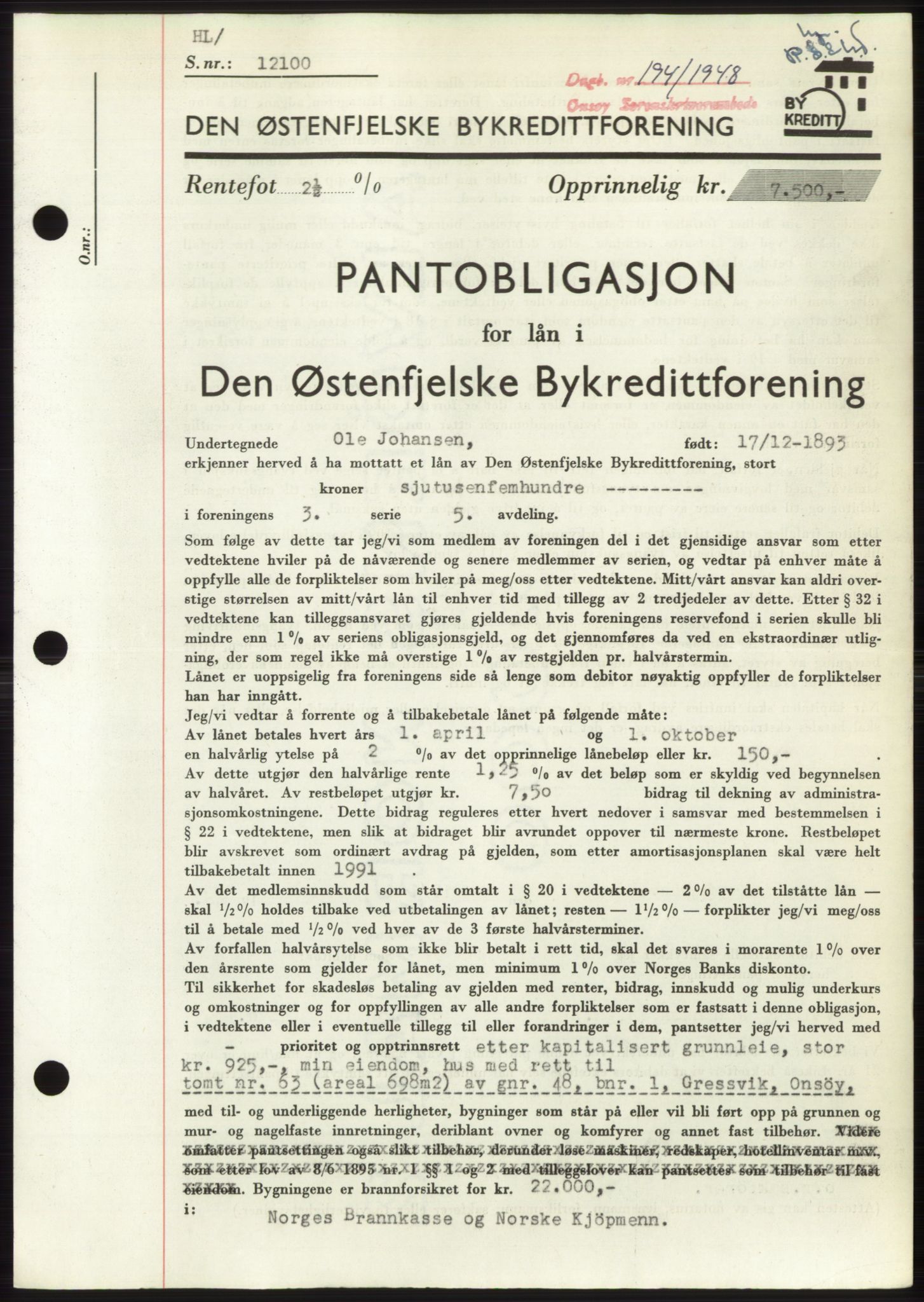 Onsøy sorenskriveri, SAO/A-10474/G/Ga/Gac/L0006: Pantebok nr. B 12-6, 1947-1948, Dagboknr: 194/1948