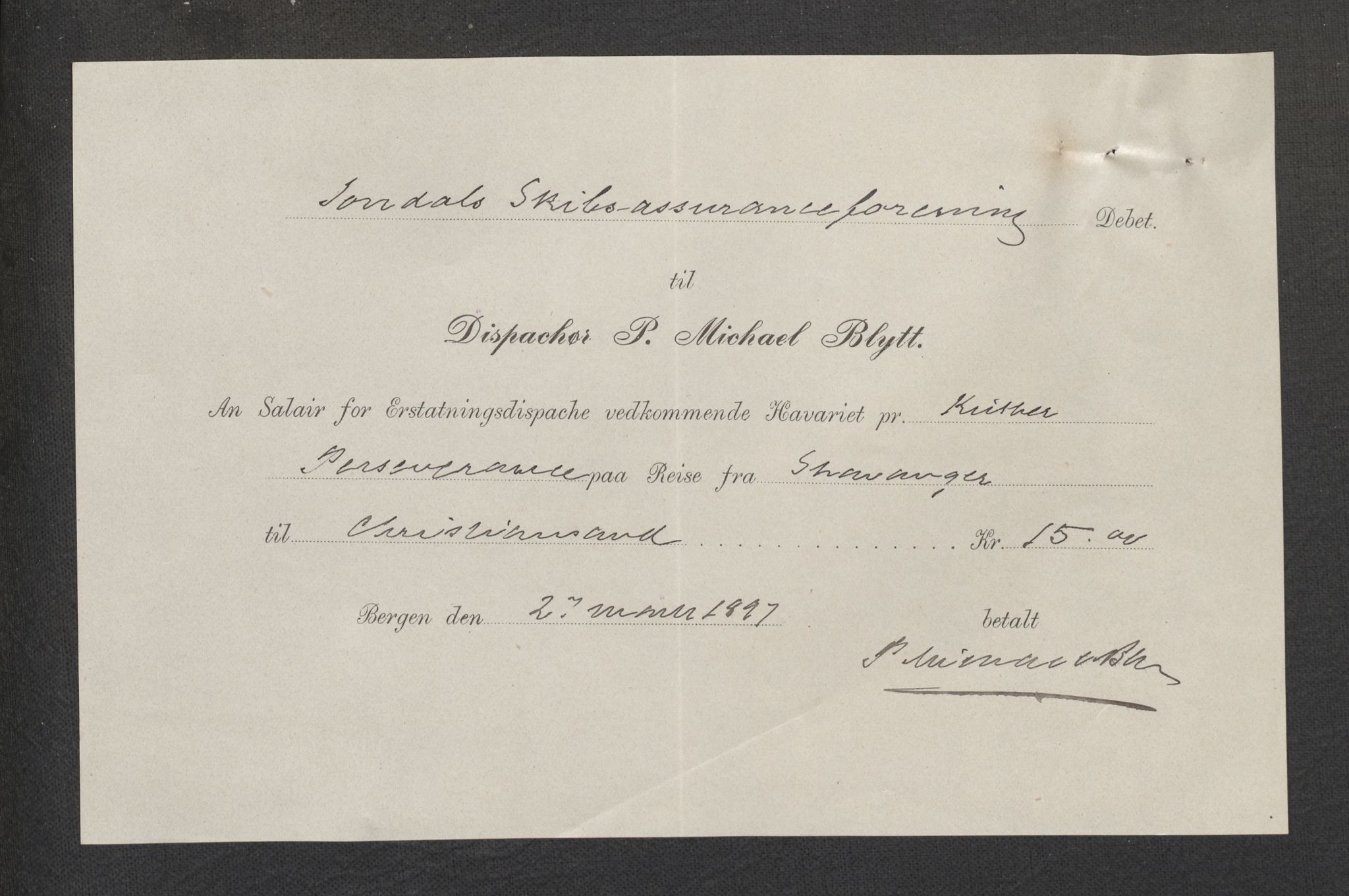 Jondal Skipsassuranseforening, AV/SAB-SAB/PA-0276/E/L0078: Korrespondanse , 1897