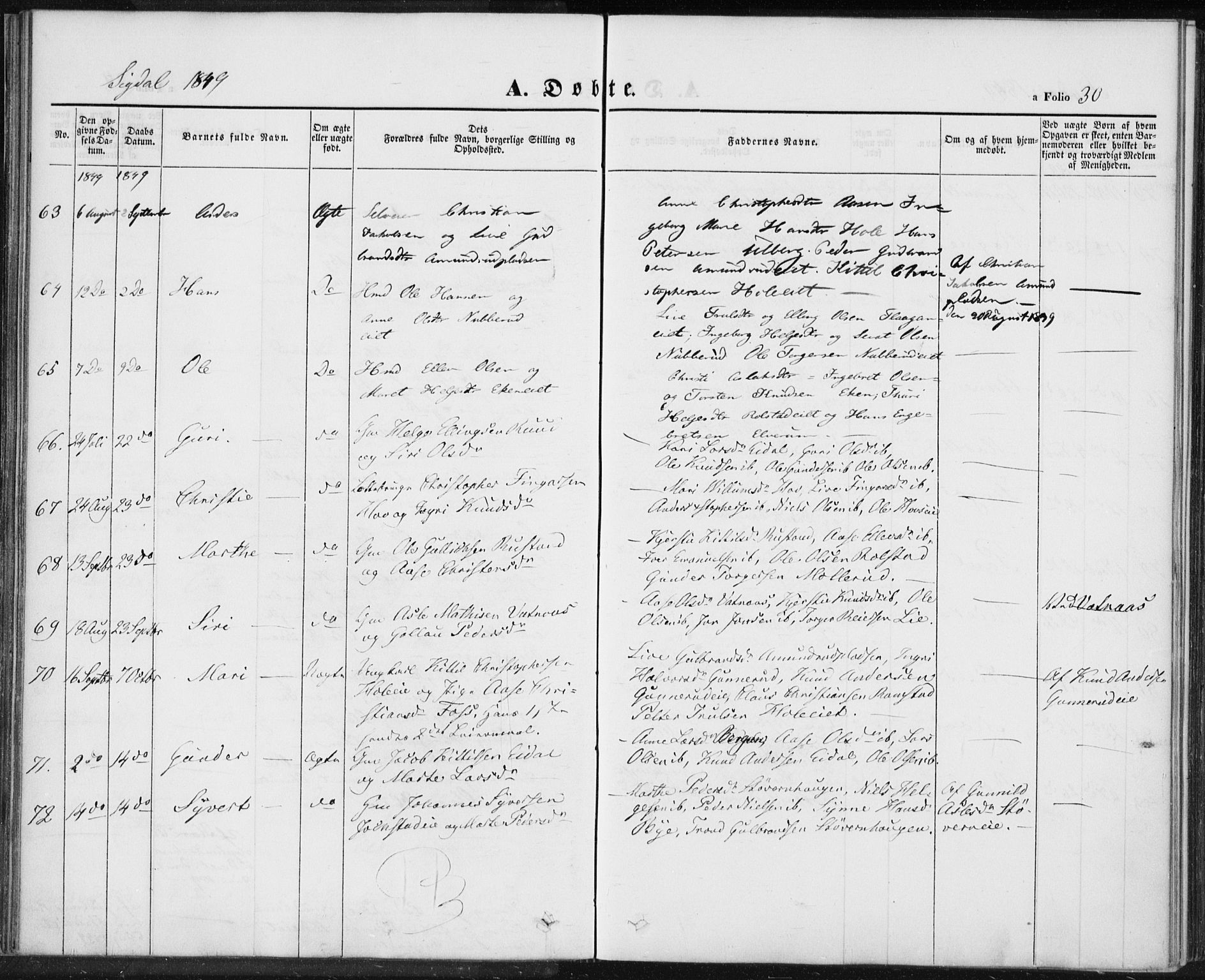 Sigdal kirkebøker, AV/SAKO-A-245/F/Fa/L0007: Ministerialbok nr. I 7, 1844-1849, s. 30