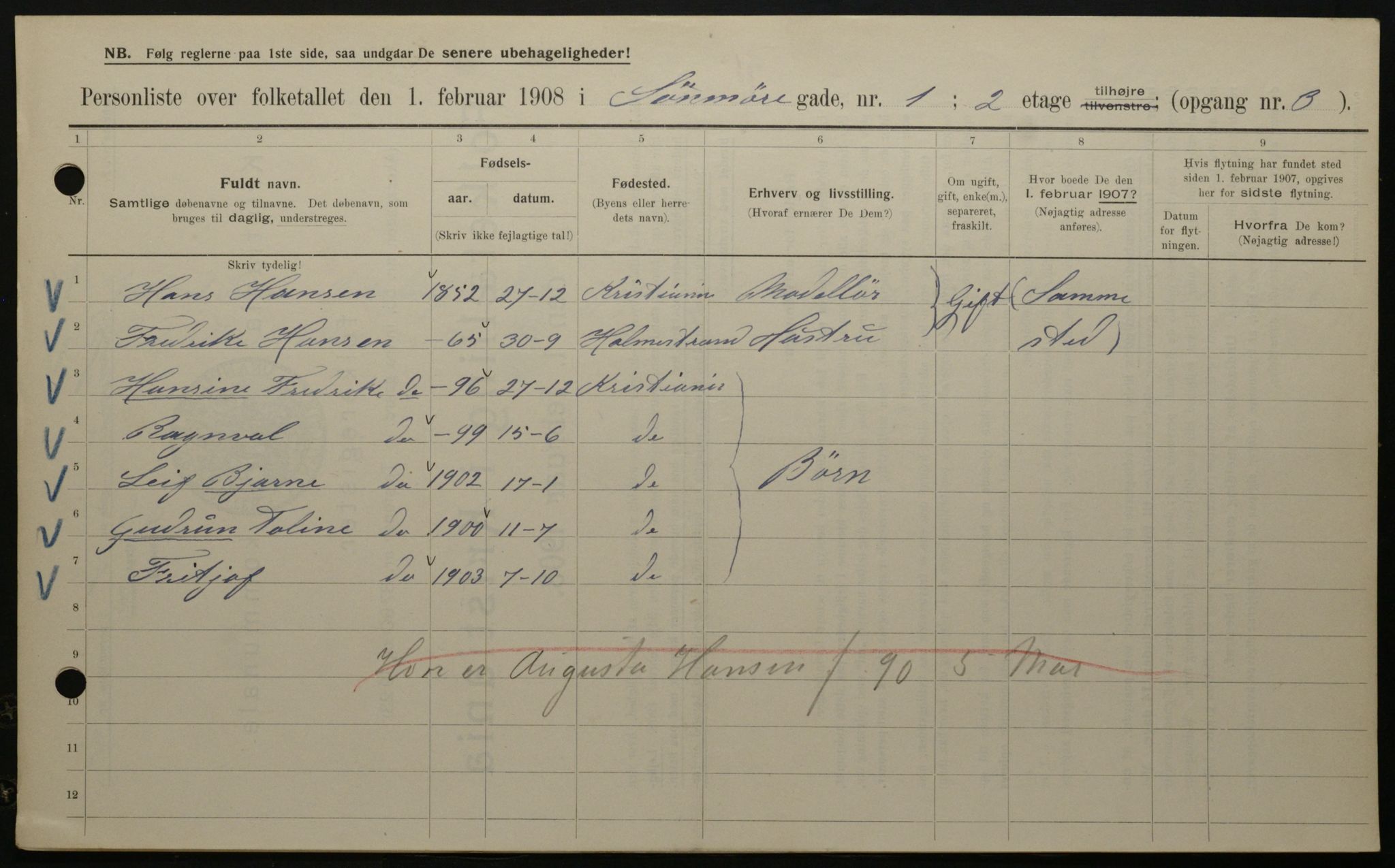 OBA, Kommunal folketelling 1.2.1908 for Kristiania kjøpstad, 1908, s. 94155