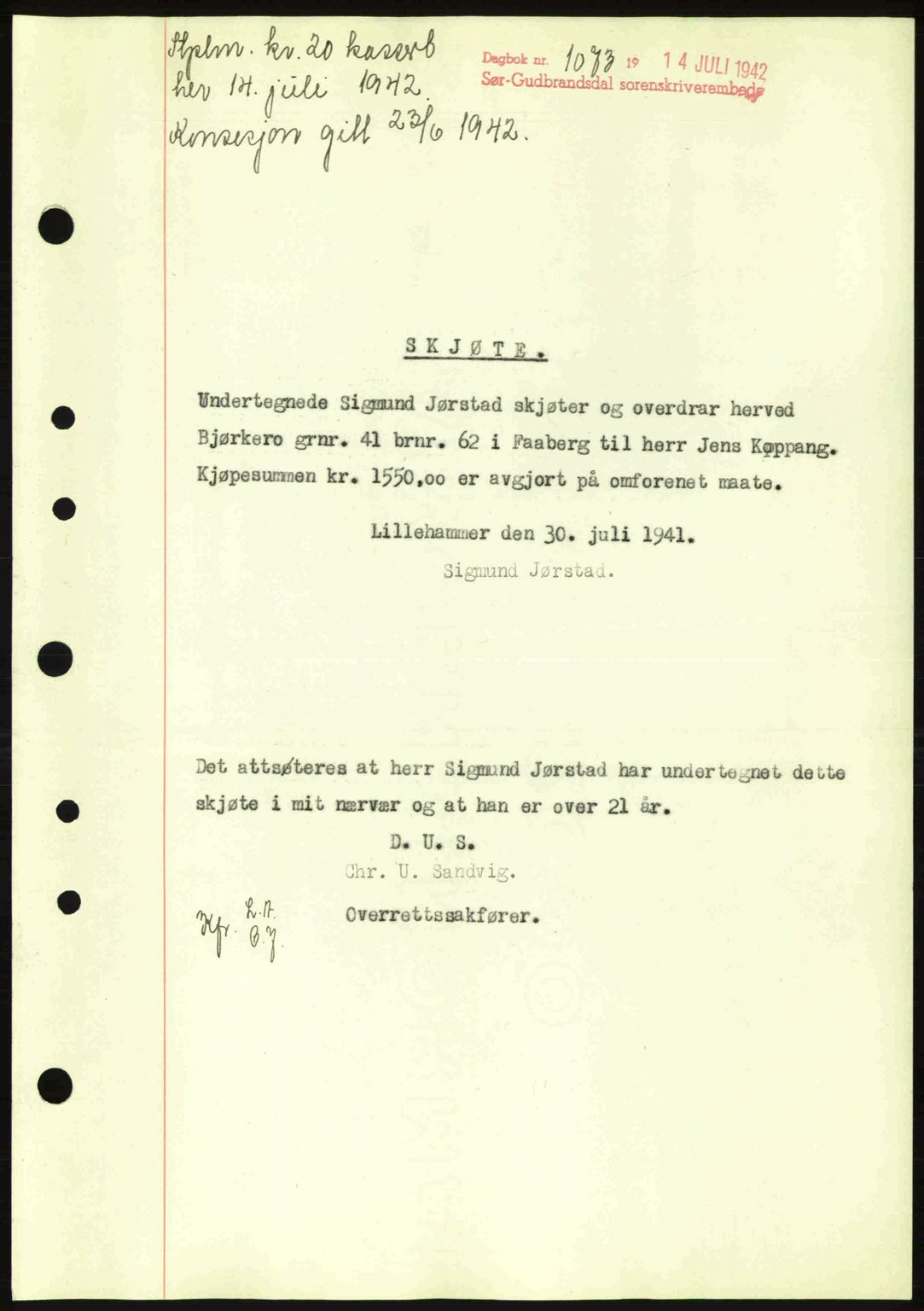 Sør-Gudbrandsdal tingrett, SAH/TING-004/H/Hb/Hbd/L0011: Pantebok nr. A11, 1942-1943, Dagboknr: 1073/1942