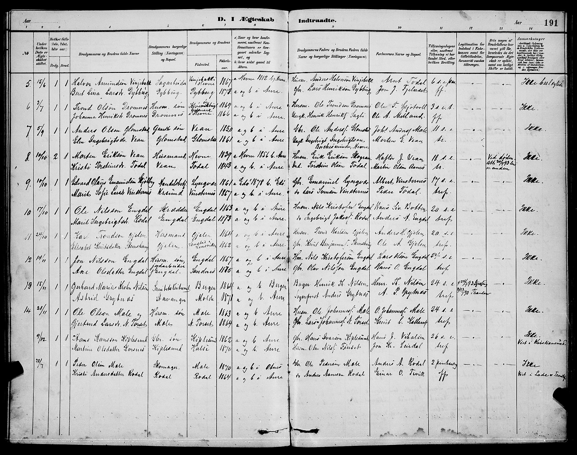 Ministerialprotokoller, klokkerbøker og fødselsregistre - Møre og Romsdal, AV/SAT-A-1454/578/L0909: Klokkerbok nr. 578C02, 1882-1900, s. 191