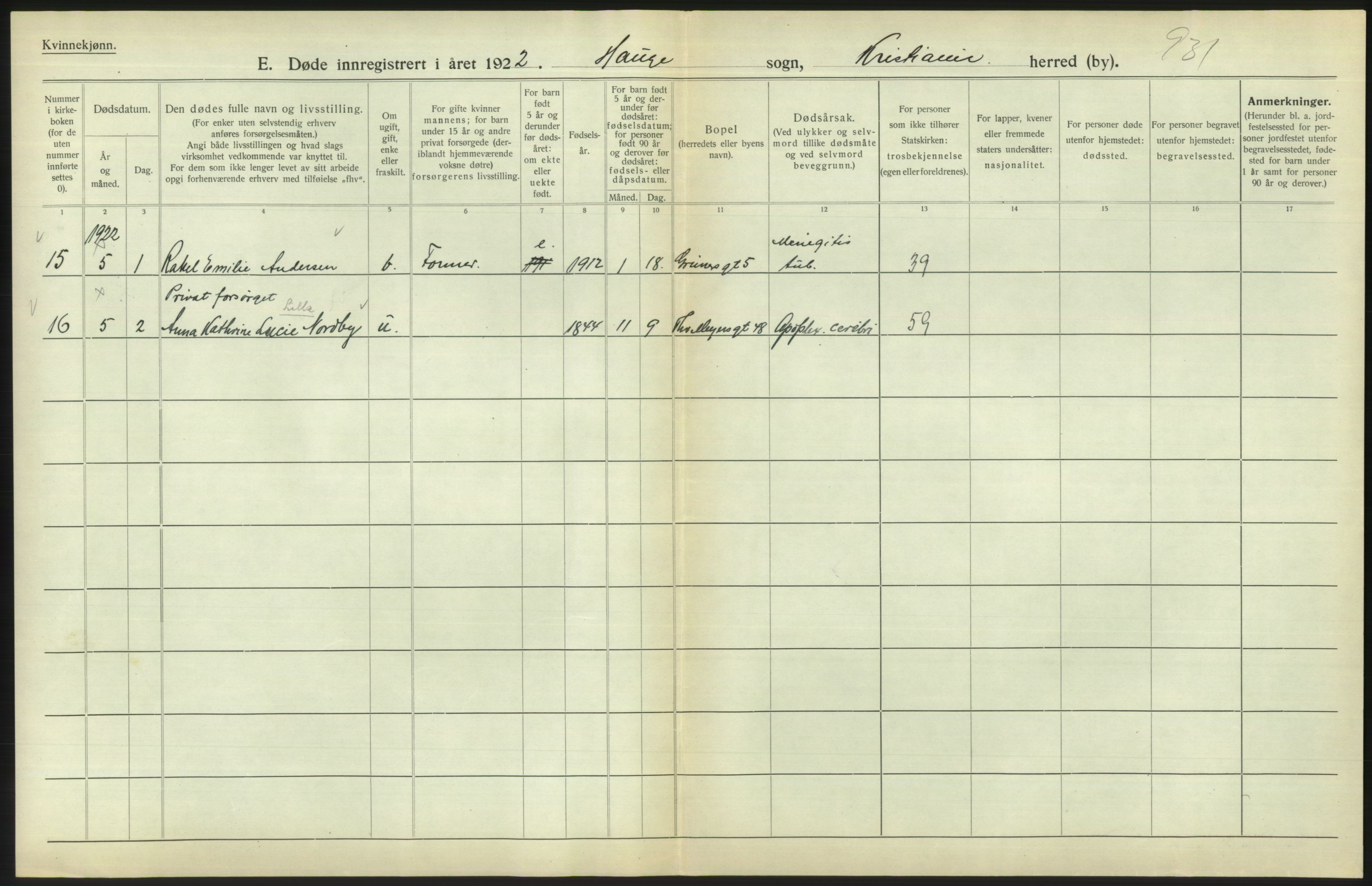 Statistisk sentralbyrå, Sosiodemografiske emner, Befolkning, AV/RA-S-2228/D/Df/Dfc/Dfcb/L0009: Kristiania: Døde, 1922, s. 602