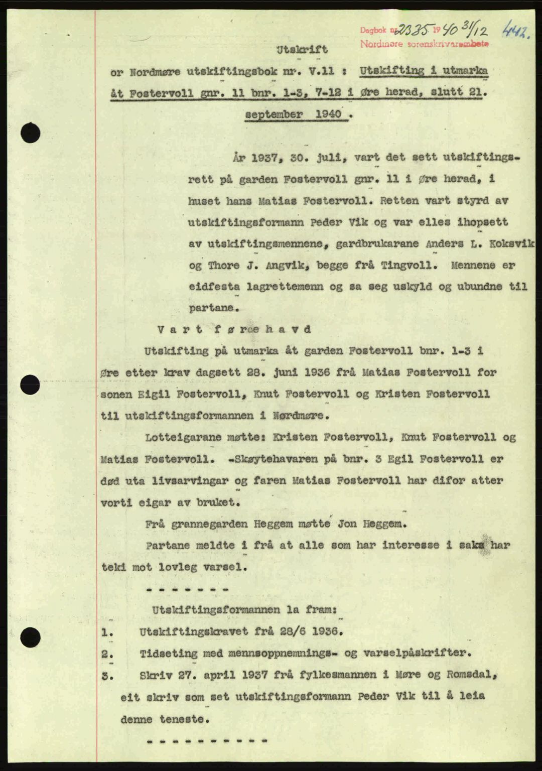 Nordmøre sorenskriveri, SAT/A-4132/1/2/2Ca: Pantebok nr. A89, 1940-1941, Dagboknr: 2335/1940