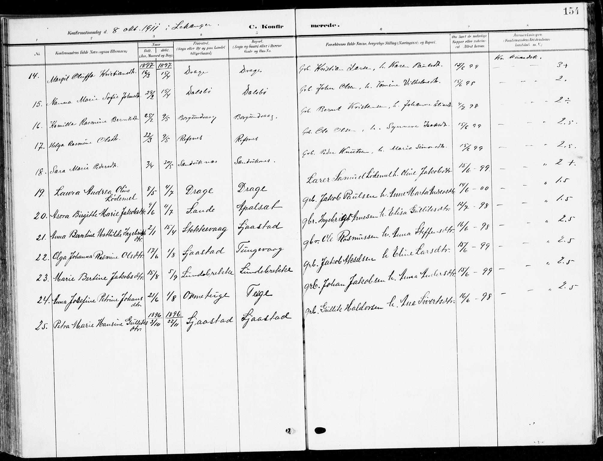 Selje sokneprestembete, AV/SAB-A-99938/H/Ha/Haa/Haab: Ministerialbok nr. B 3, 1908-1923, s. 154