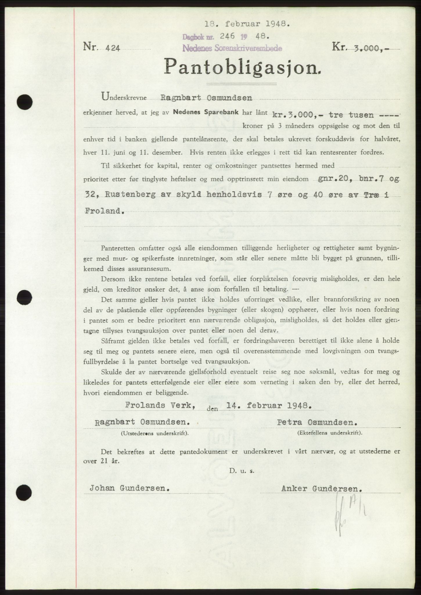 Nedenes sorenskriveri, AV/SAK-1221-0006/G/Gb/Gbb/L0005: Pantebok nr. B5, 1948-1948, Dagboknr: 246/1948