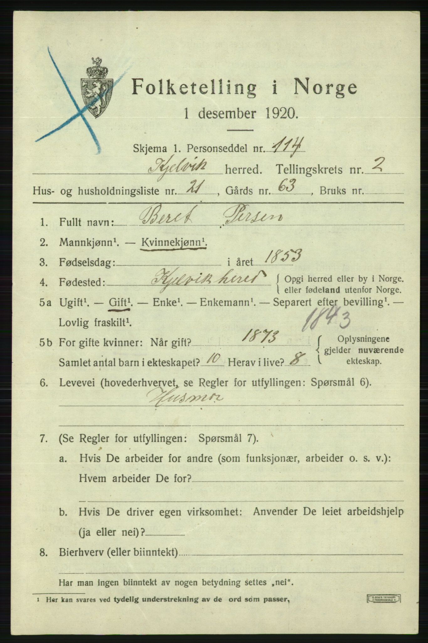 SATØ, Folketelling 1920 for 2019 Kjelvik herred, 1920, s. 1613