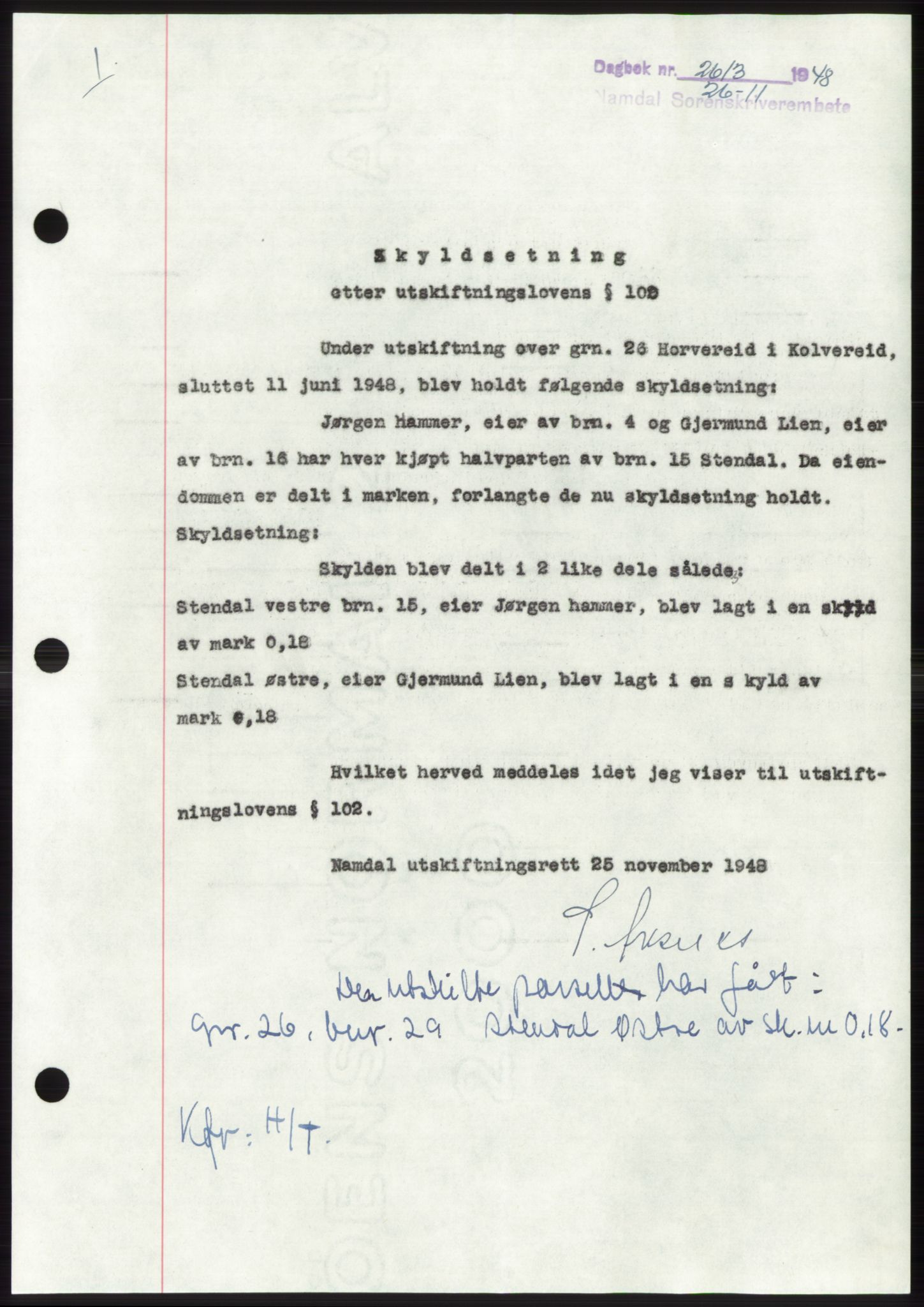 Namdal sorenskriveri, SAT/A-4133/1/2/2C: Pantebok nr. -, 1948-1948, Dagboknr: 2613/1948