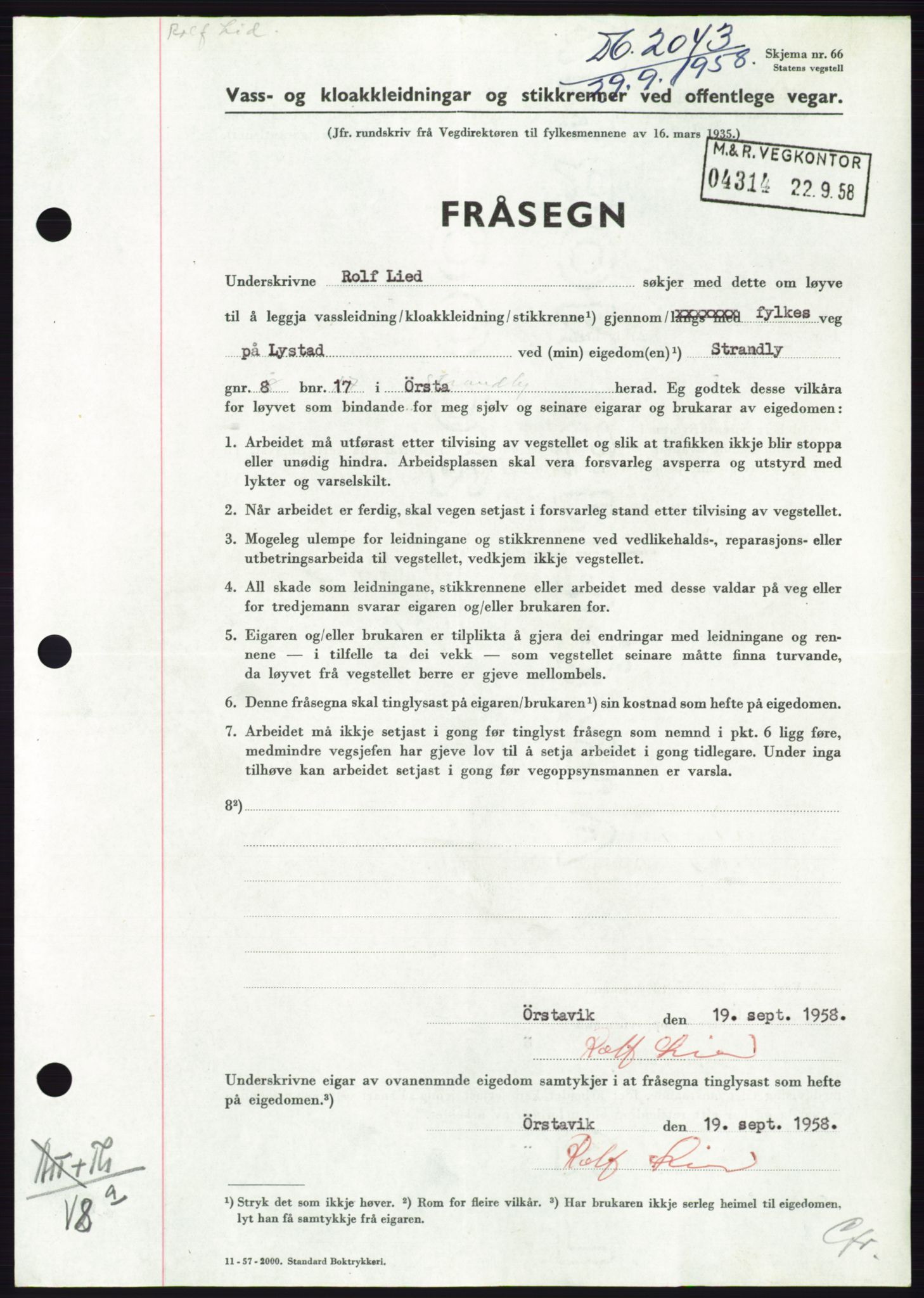 Søre Sunnmøre sorenskriveri, AV/SAT-A-4122/1/2/2C/L0110: Pantebok nr. 36A, 1958-1958, Dagboknr: 2043/1958