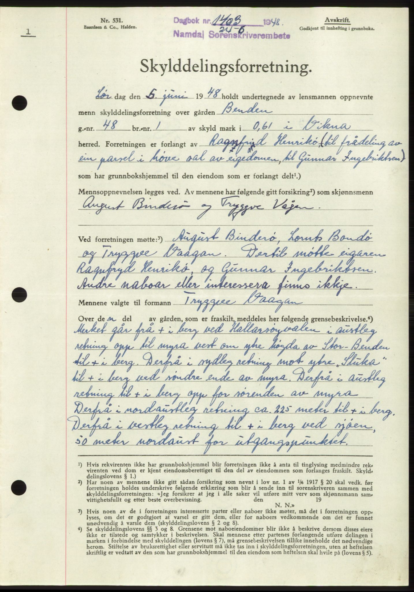 Namdal sorenskriveri, SAT/A-4133/1/2/2C: Pantebok nr. -, 1948-1948, Dagboknr: 1403/1948