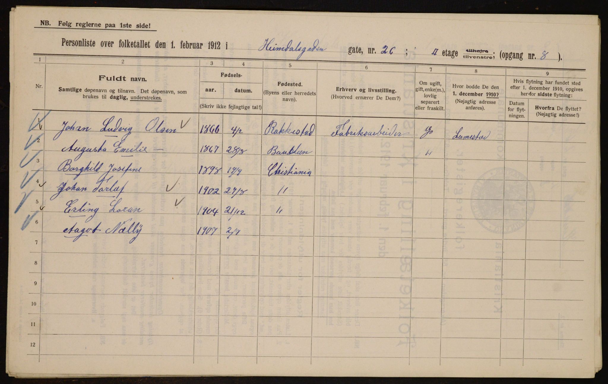 OBA, Kommunal folketelling 1.2.1912 for Kristiania, 1912, s. 37301