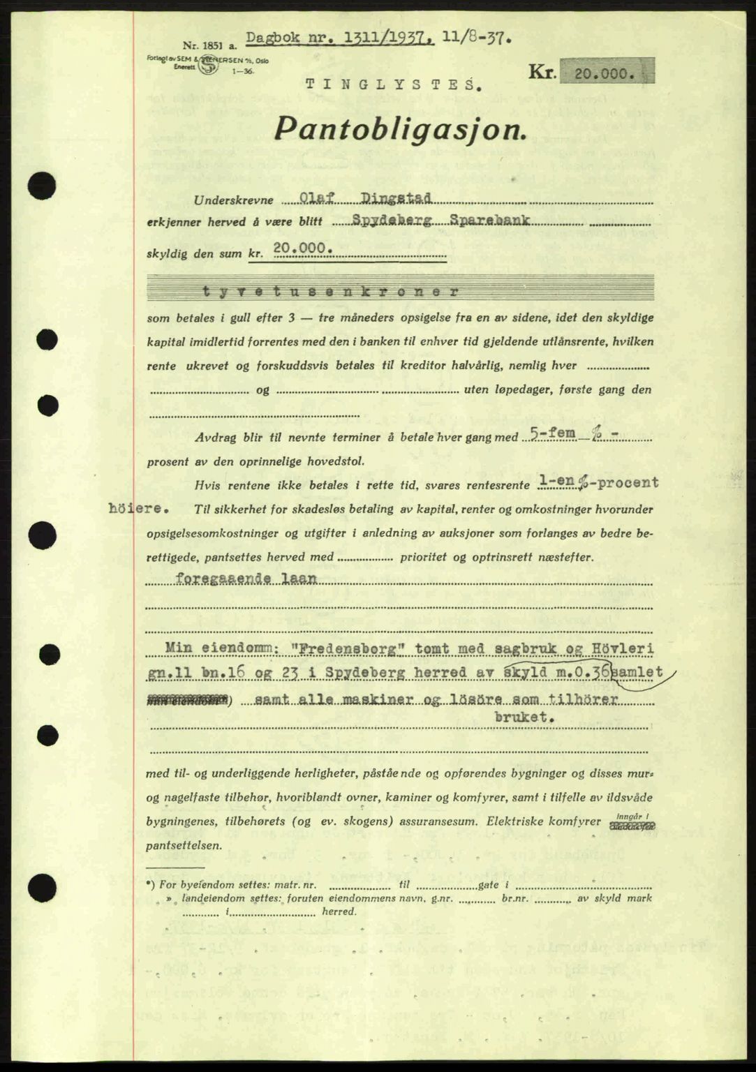 Moss sorenskriveri, SAO/A-10168: Pantebok nr. B3, 1937-1937, Dagboknr: 1311/1937