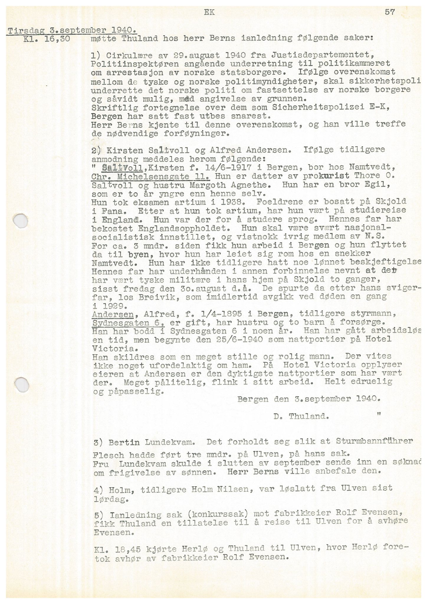 Bergen politikammer / politidistrikt, SAB/A-60401/Y/Ye/L0001: Avskrift av krigsdagbok av Dankert Thuland, 1940-1941, s. 57