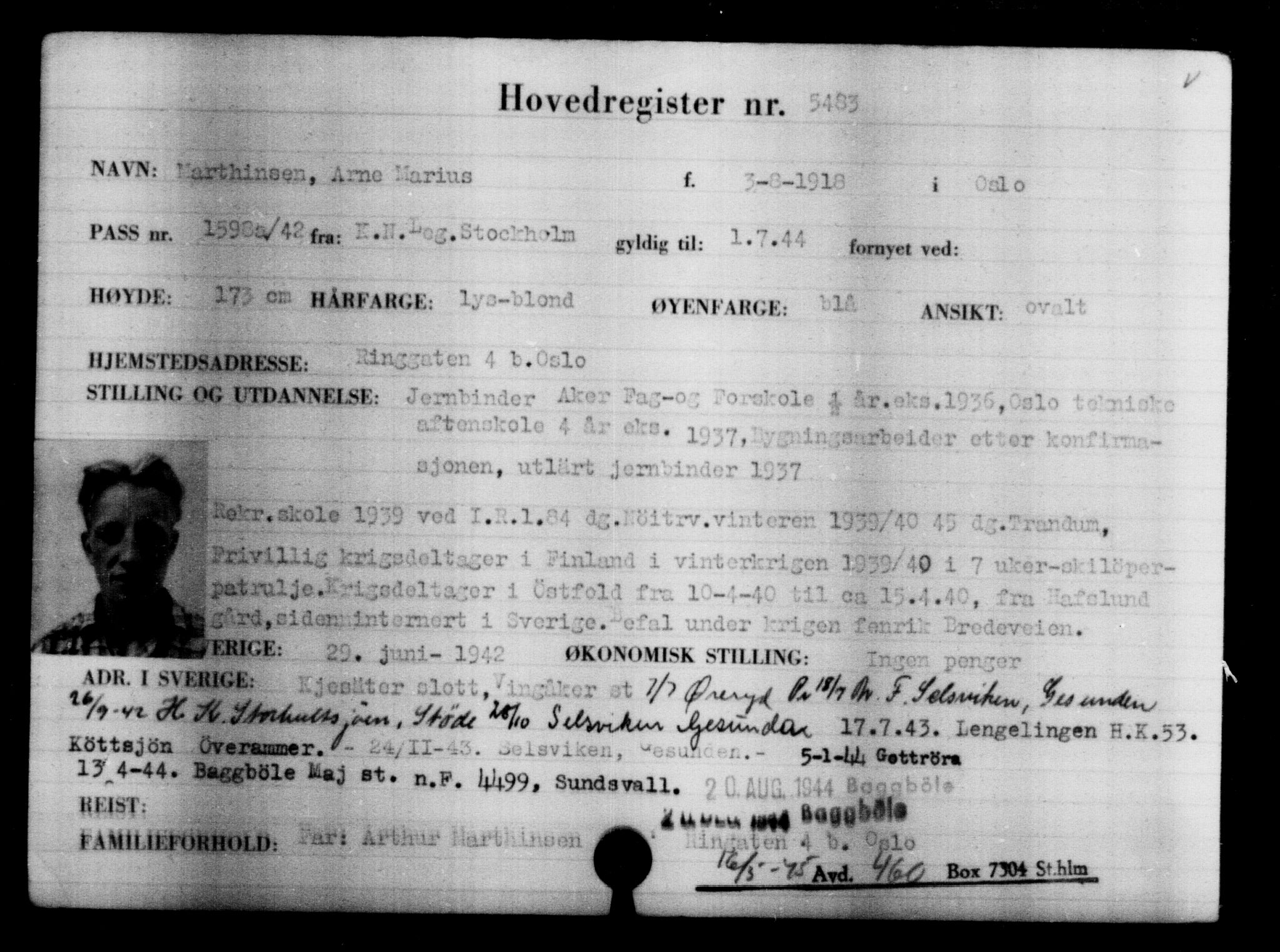 Utenriksstasjonene, Legasjonen i Stockholm, Flyktningkontoret, AV/RA-S-6753/V/Va/L0004: Kjesäterkartoteket, flyktninger med registreringsnr. 3496-6610, 1940-1945, s. 2294