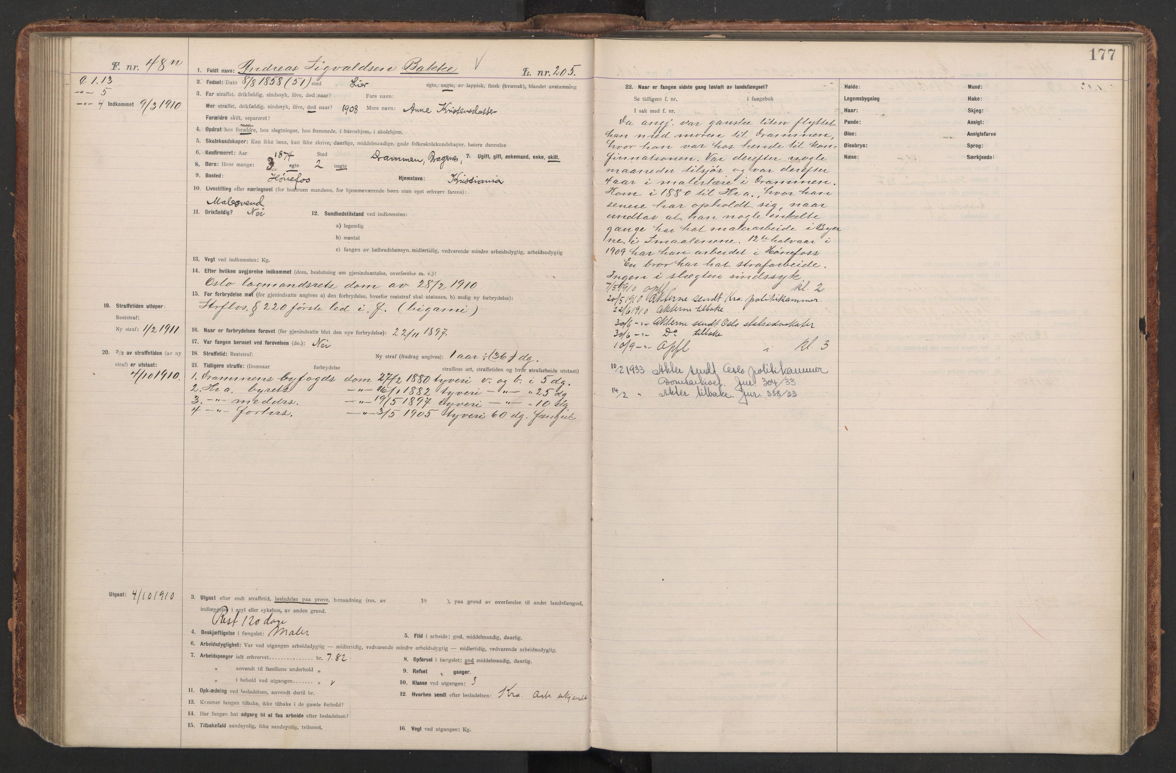Botsfengslet, AV/RA-S-1539/D/Db/Dbb/L0043: 872m - 212n, 1909-1910, s. 177
