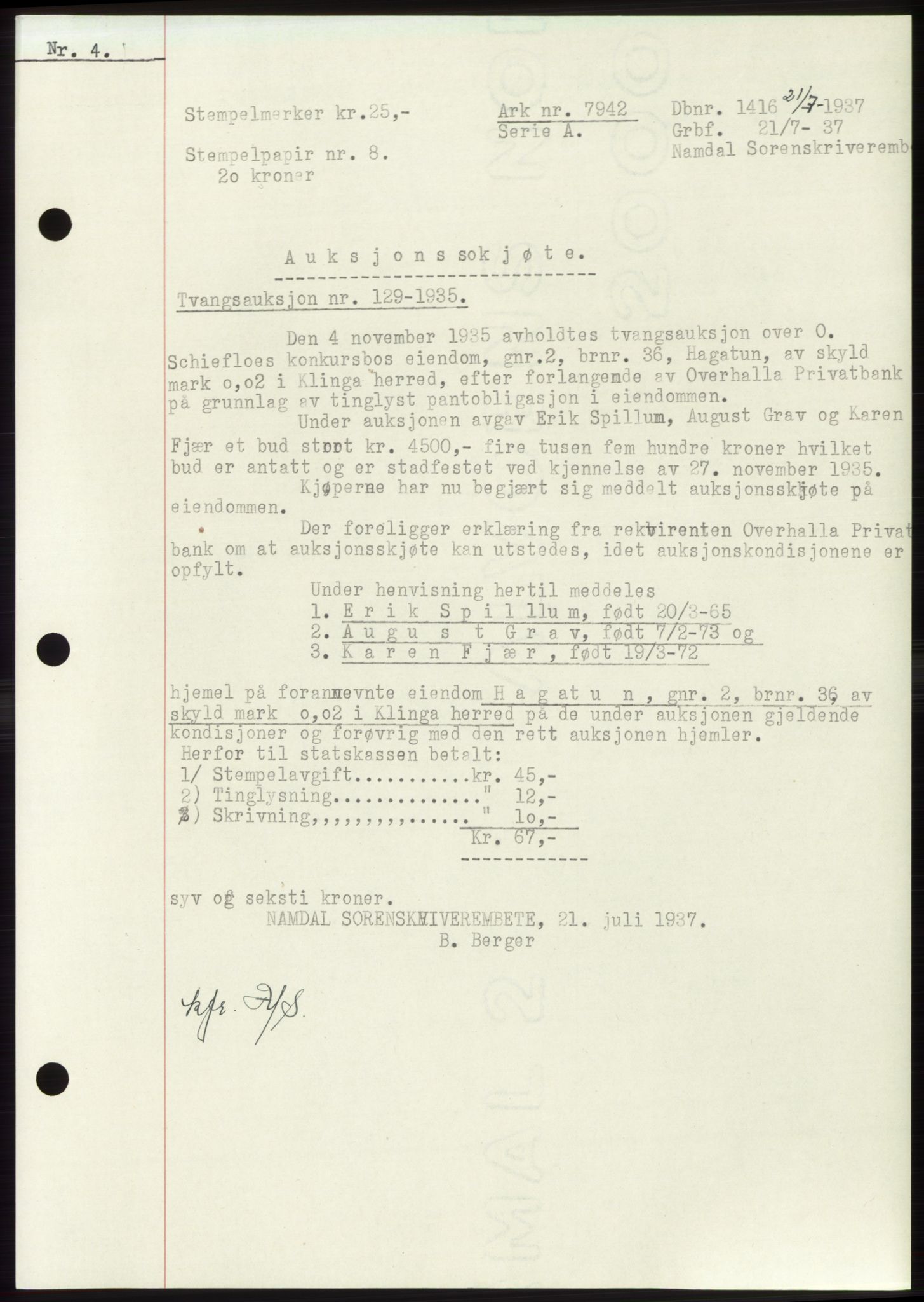Namdal sorenskriveri, SAT/A-4133/1/2/2C: Pantebok nr. -, 1937-1939, Tingl.dato: 21.07.1937