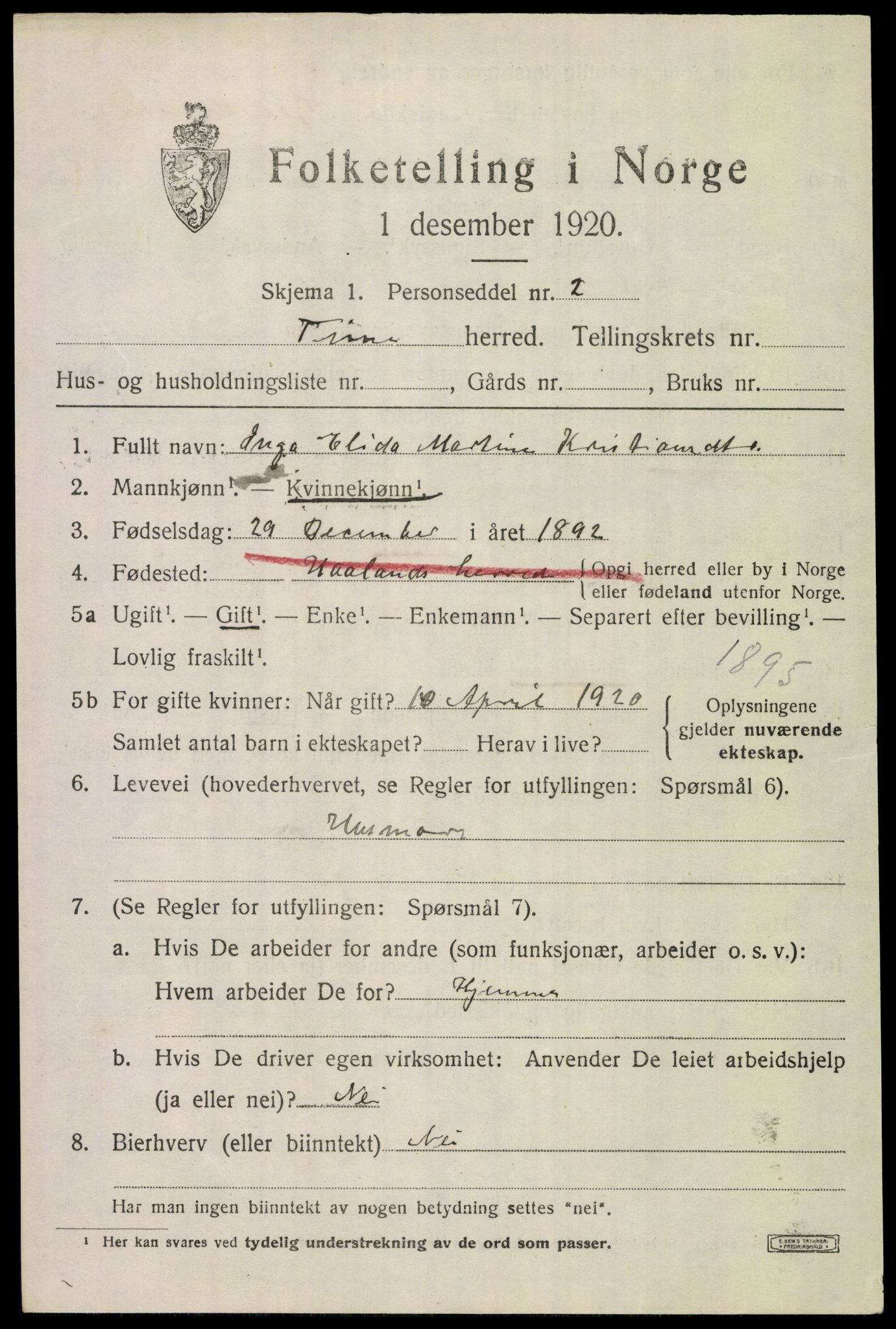 SAST, Folketelling 1920 for 1121 Time herred, 1920, s. 3927