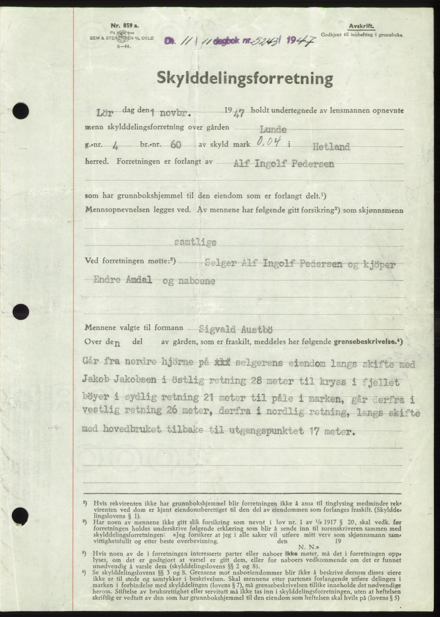Jæren sorenskriveri, SAST/A-100310/03/G/Gba/L0096: Pantebok, 1947-1947, Dagboknr: 5243/1947