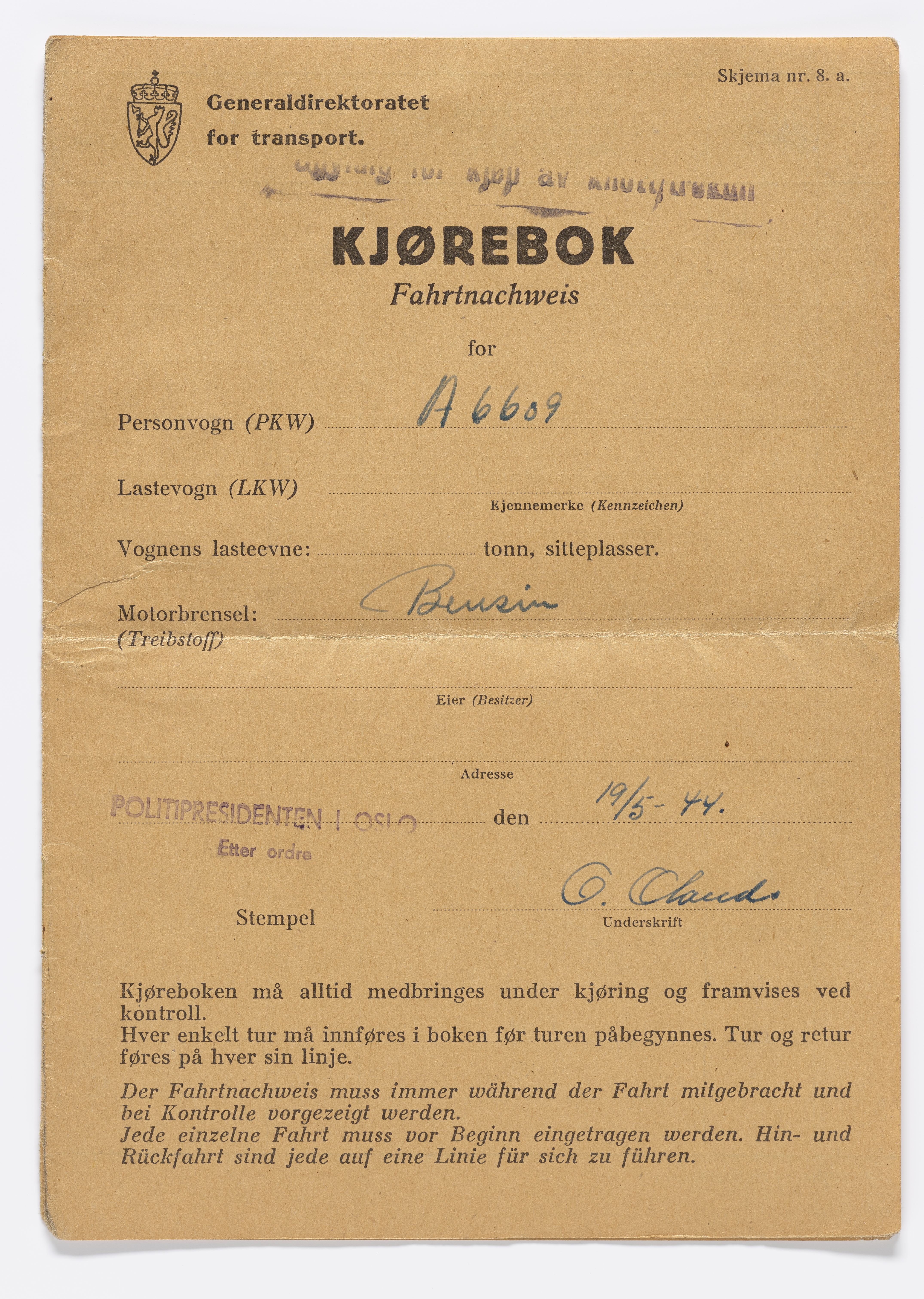 Thomas Bolstad Natvig, AFM/GRI-1019/D/Da/L0001/0004: Dokumenter / Kjørebok, 1944