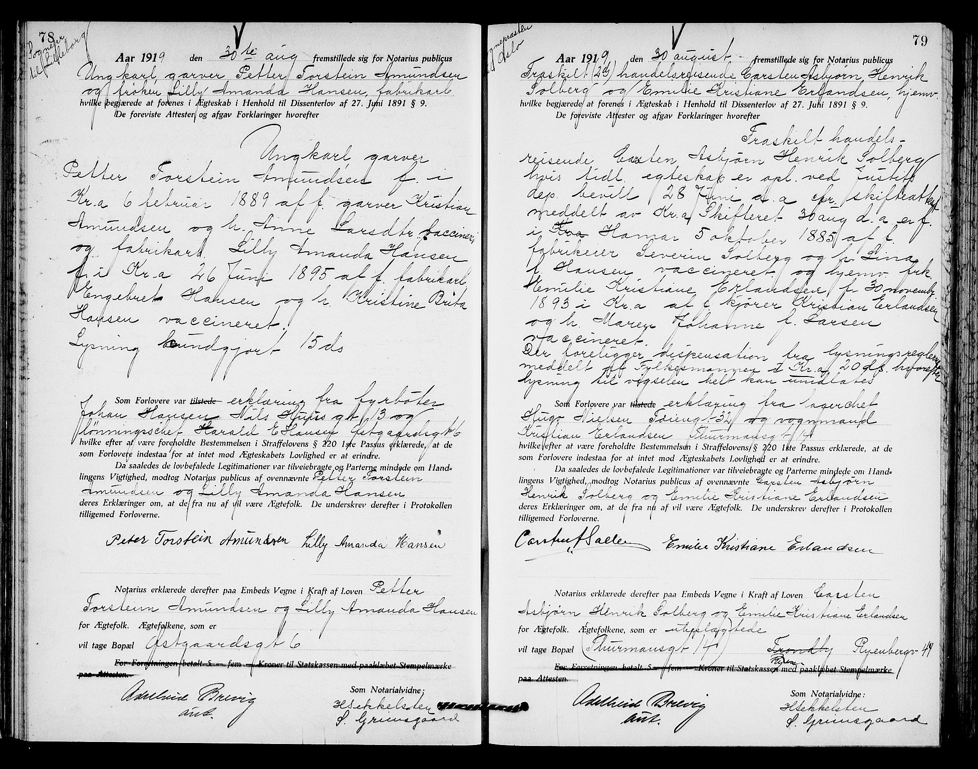 Oslo byfogd avd. I, AV/SAO-A-10220/L/Lb/Lbb/L0013: Notarialprotokoll, rekke II: Vigsler, 1919-1920, s. 78-79