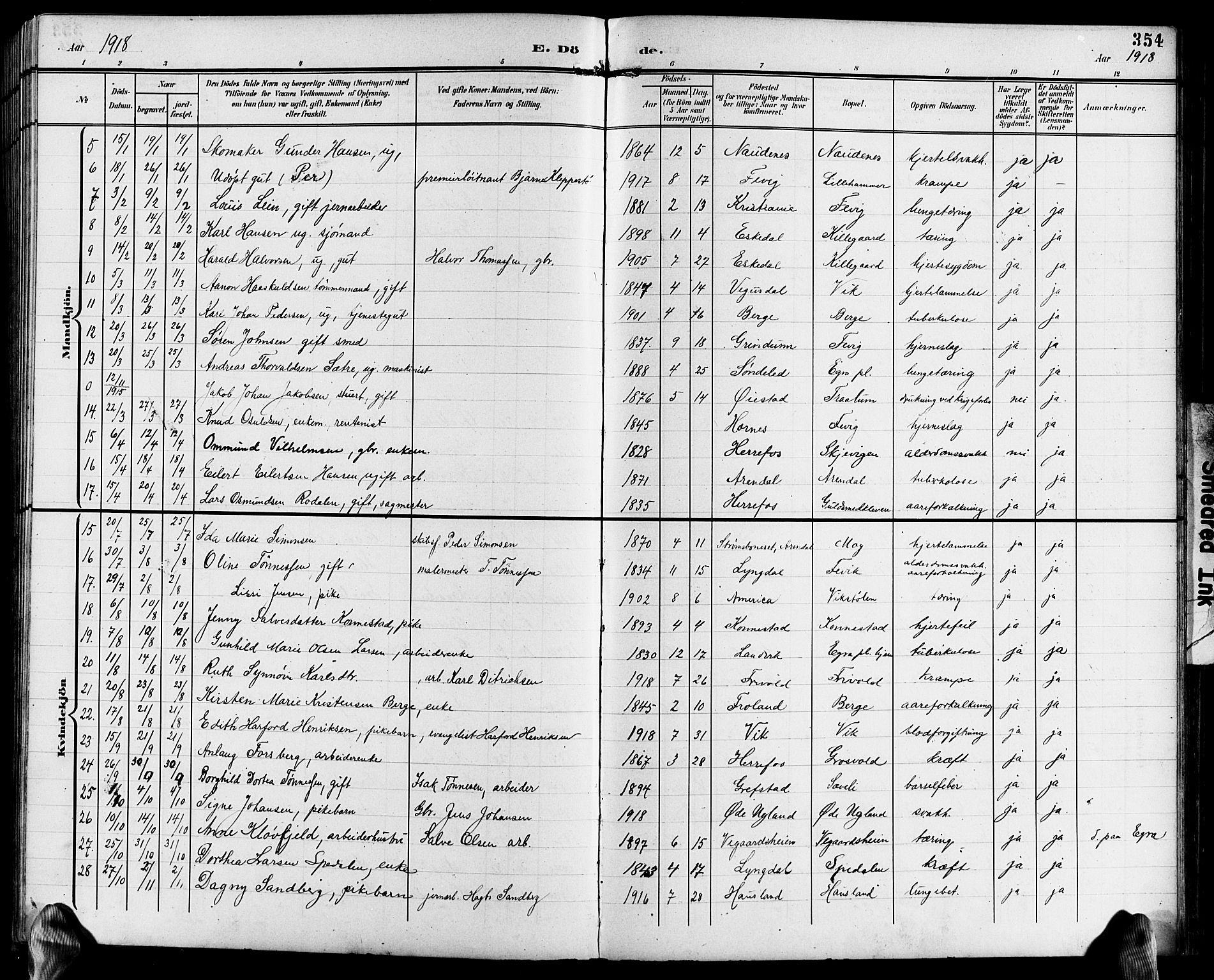 Fjære sokneprestkontor, AV/SAK-1111-0011/F/Fb/L0012: Klokkerbok nr. B 12, 1902-1925, s. 354