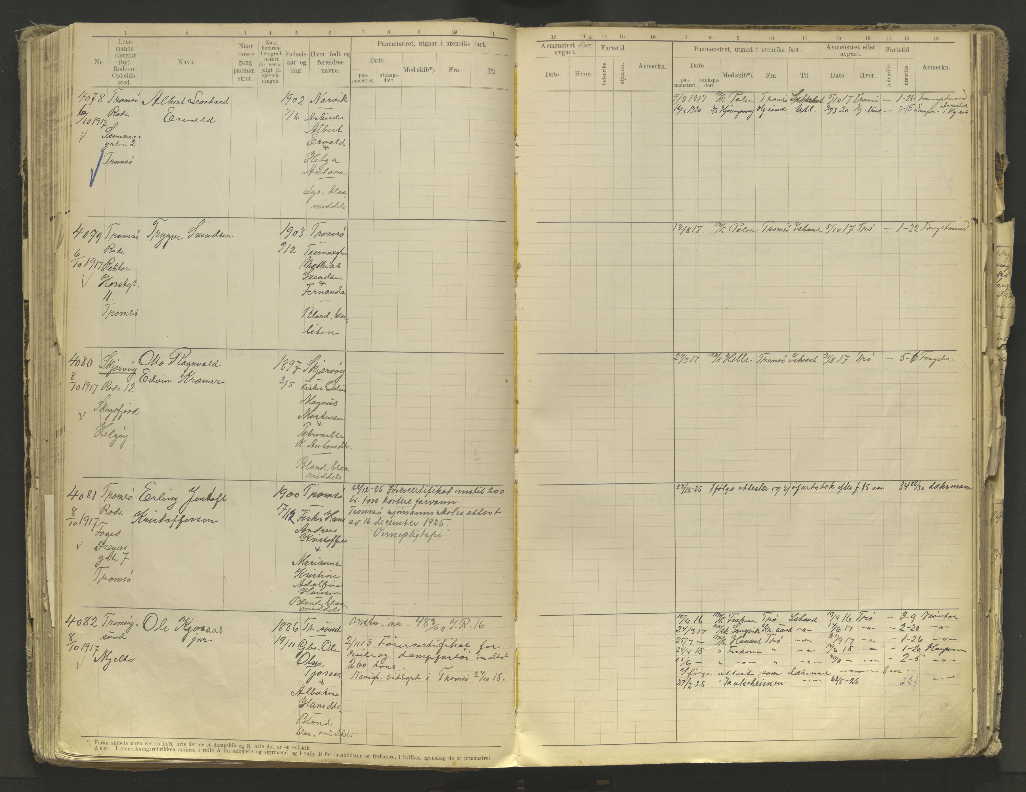 Tromsø sjømannskontor/innrullerings-/mønstringsdistrikt, AV/SATØ-S-0243/F/Fb/L0010: Annotasjonsrulle. Defekt: løs innbinding. Nr. 3519-4972, 1916-1920