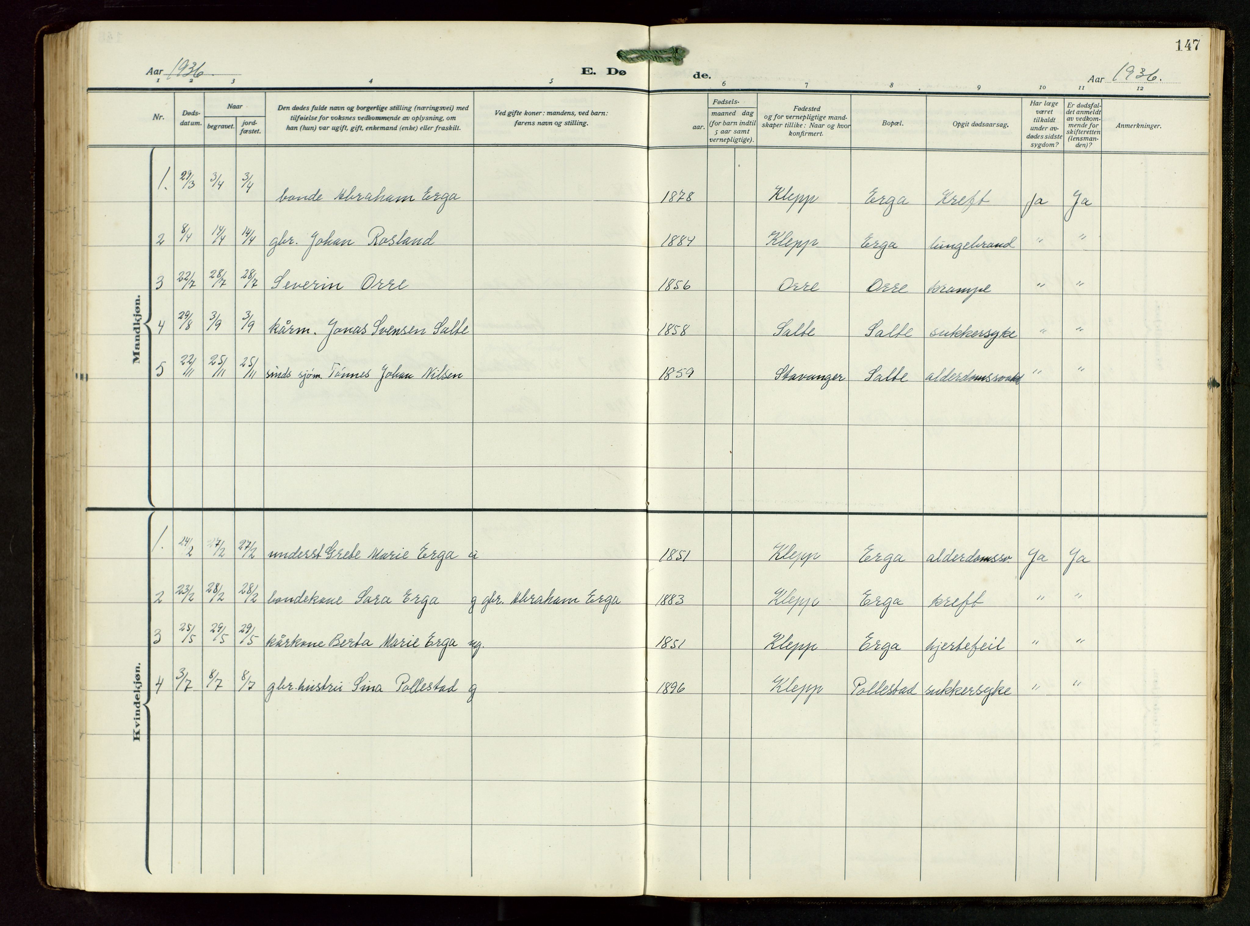 Klepp sokneprestkontor, AV/SAST-A-101803/001/3/30BB/L0008: Klokkerbok nr. B 8, 1918-1949, s. 147