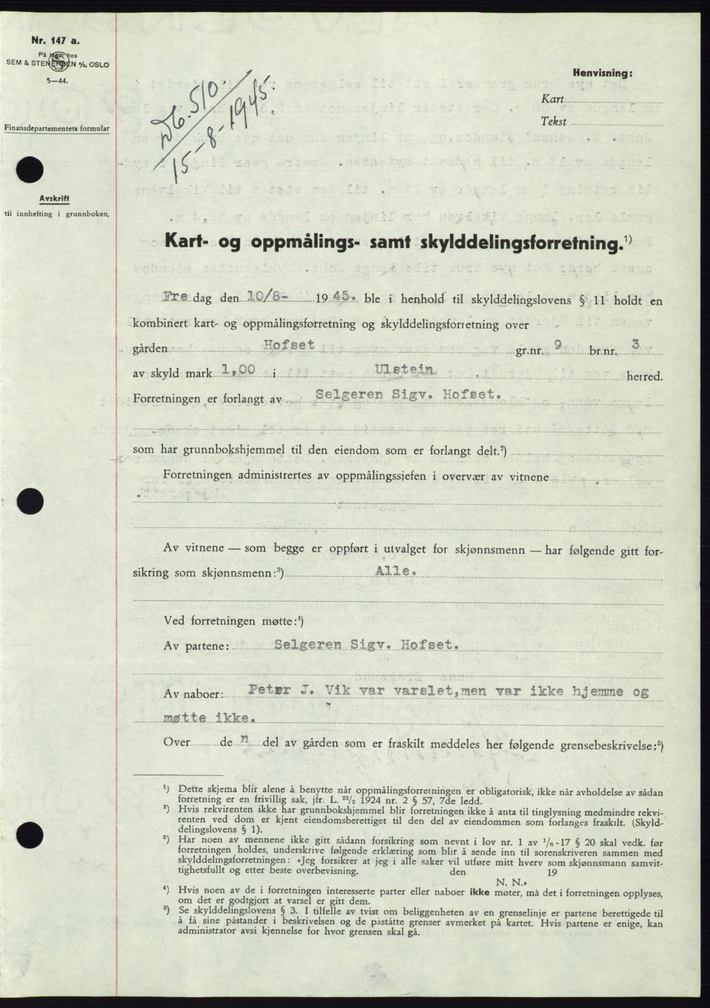Søre Sunnmøre sorenskriveri, SAT/A-4122/1/2/2C/L0077: Pantebok nr. 3A, 1945-1946, Dagboknr: 510/1945