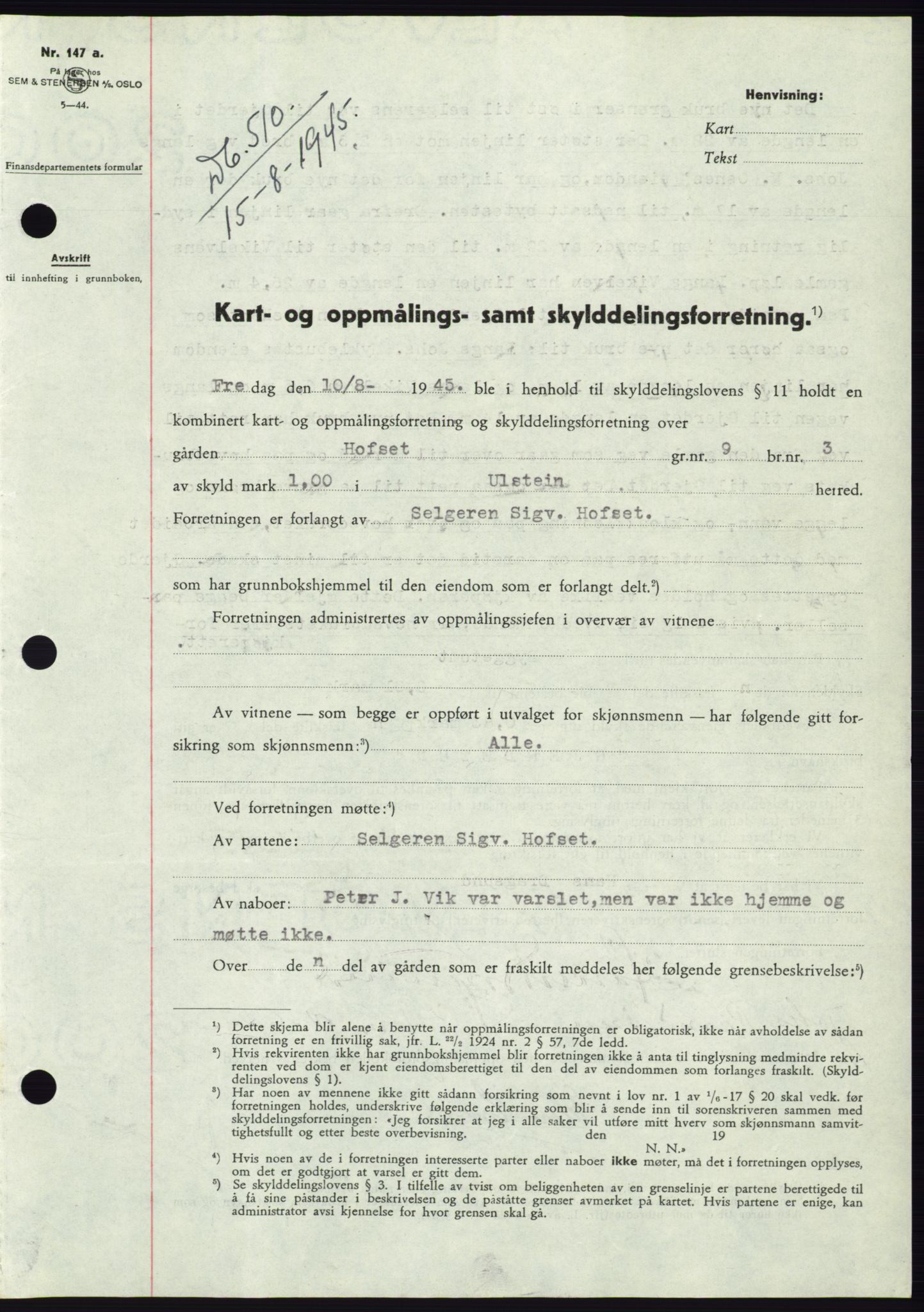 Søre Sunnmøre sorenskriveri, AV/SAT-A-4122/1/2/2C/L0077: Pantebok nr. 3A, 1945-1946, Dagboknr: 510/1945