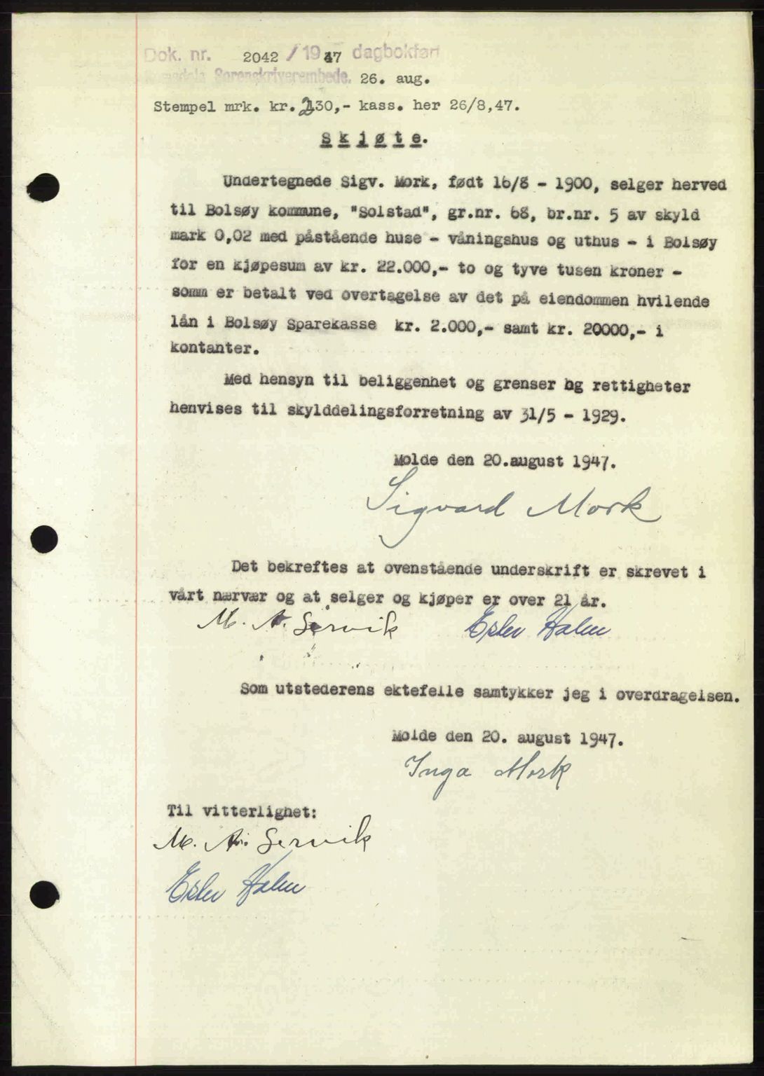 Romsdal sorenskriveri, AV/SAT-A-4149/1/2/2C: Pantebok nr. A23, 1947-1947, Dagboknr: 2042/1947