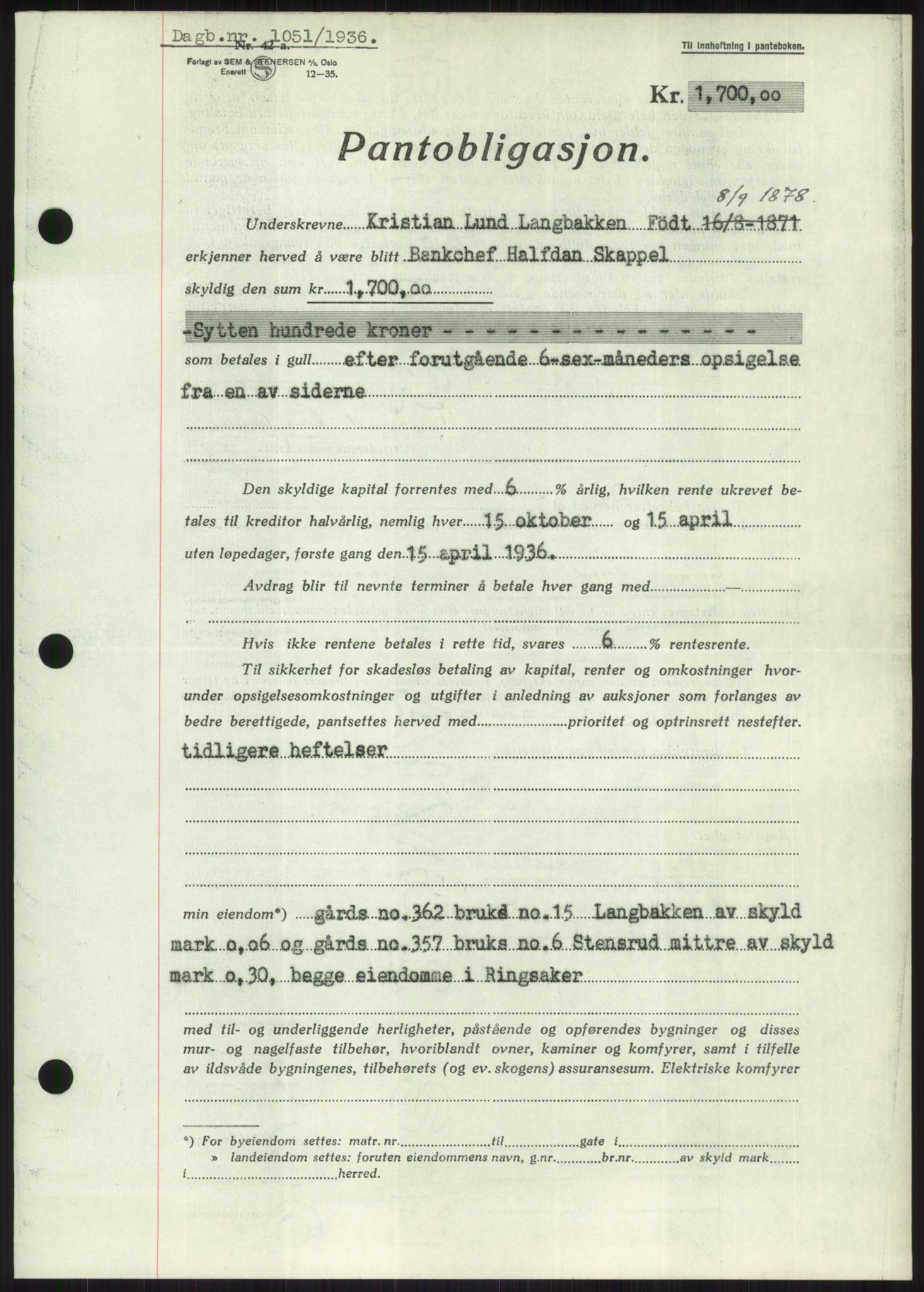 Nord-Hedmark sorenskriveri, SAH/TING-012/H/Hb/Hbf/L0001: Pantebok nr. B1, 1936-1936, Dagboknr: 1051/1936