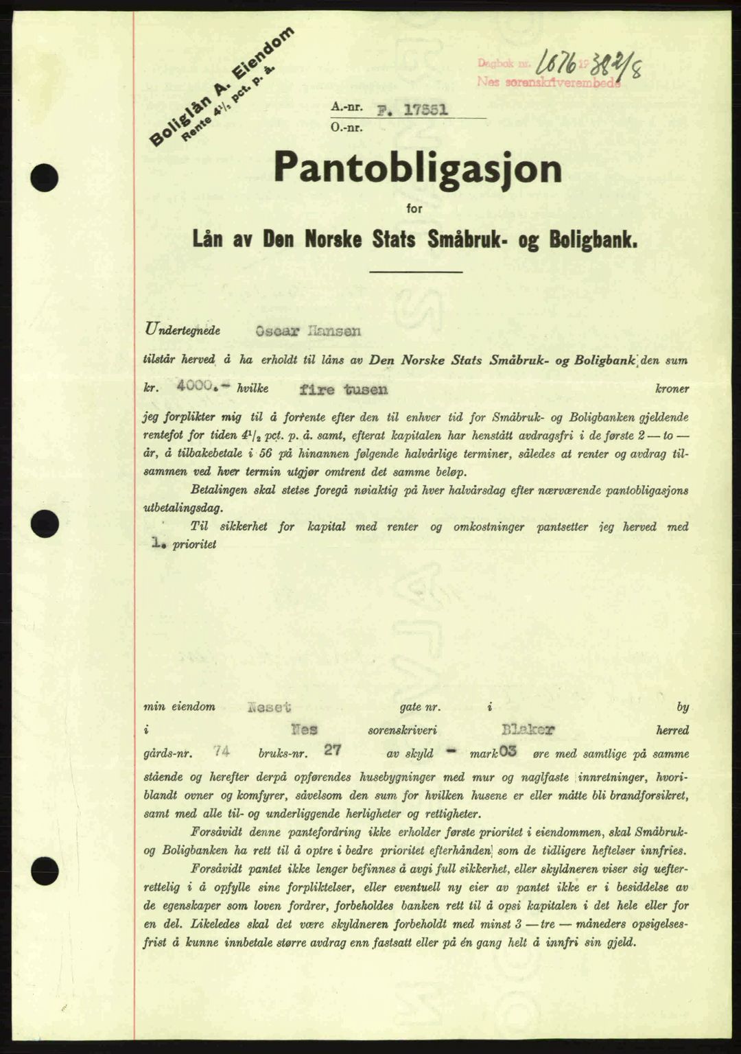 Nes tingrett, SAO/A-10548/G/Gb/Gbb/L0006: Pantebok nr. 50, 1938-1938, Dagboknr: 1076/1938