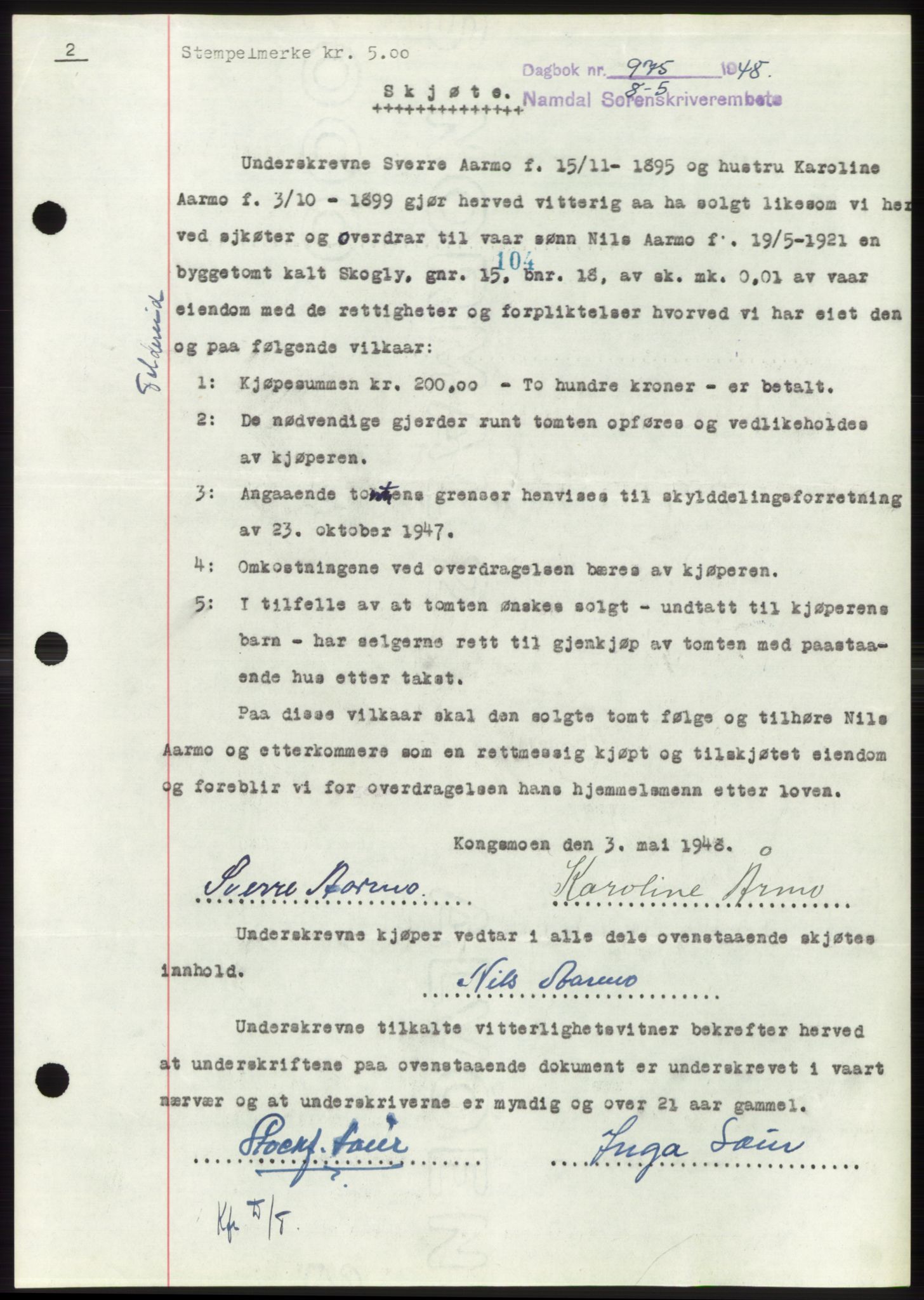 Namdal sorenskriveri, SAT/A-4133/1/2/2C: Pantebok nr. -, 1947-1948, Dagboknr: 975/1948